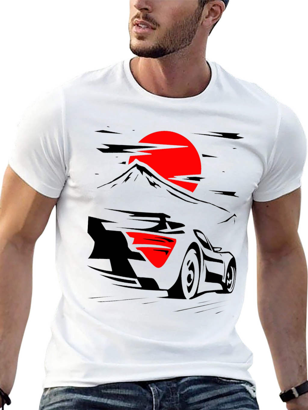 Car & Rising Sun Graphic Black T-Shirt