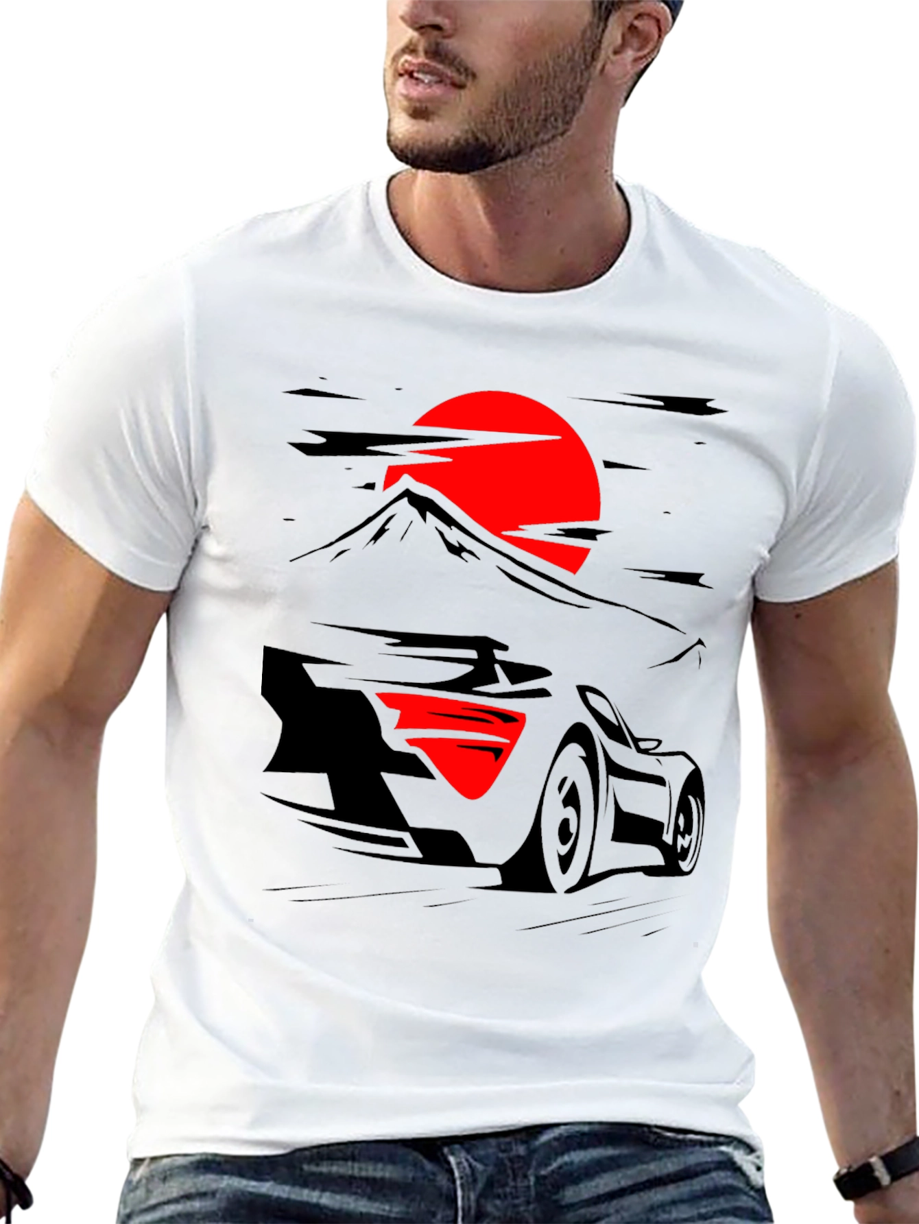Car & Rising Sun Graphic Black T-Shirt