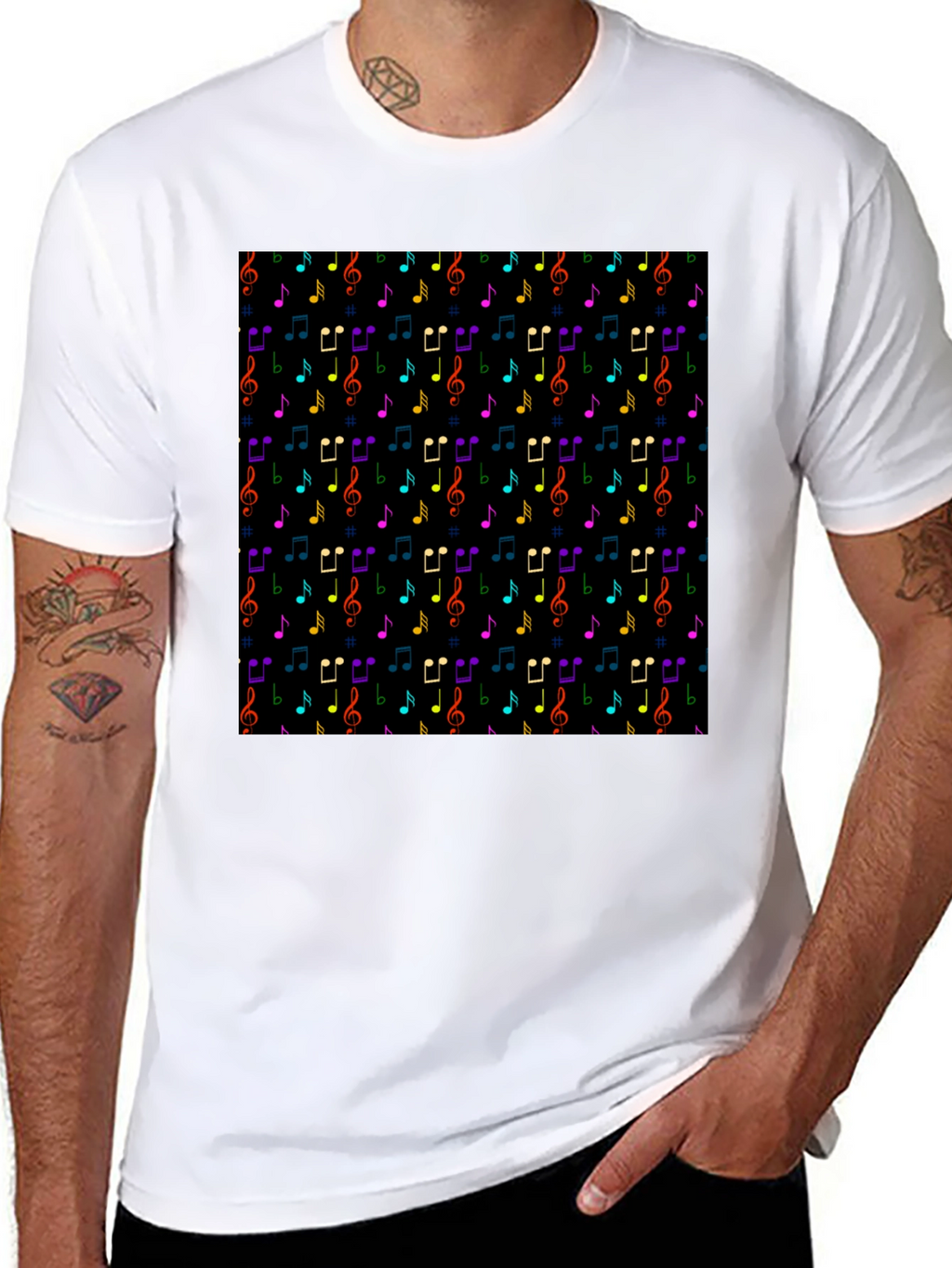 Music Note Pattern T-Shirt - Black Crew Neck Tee