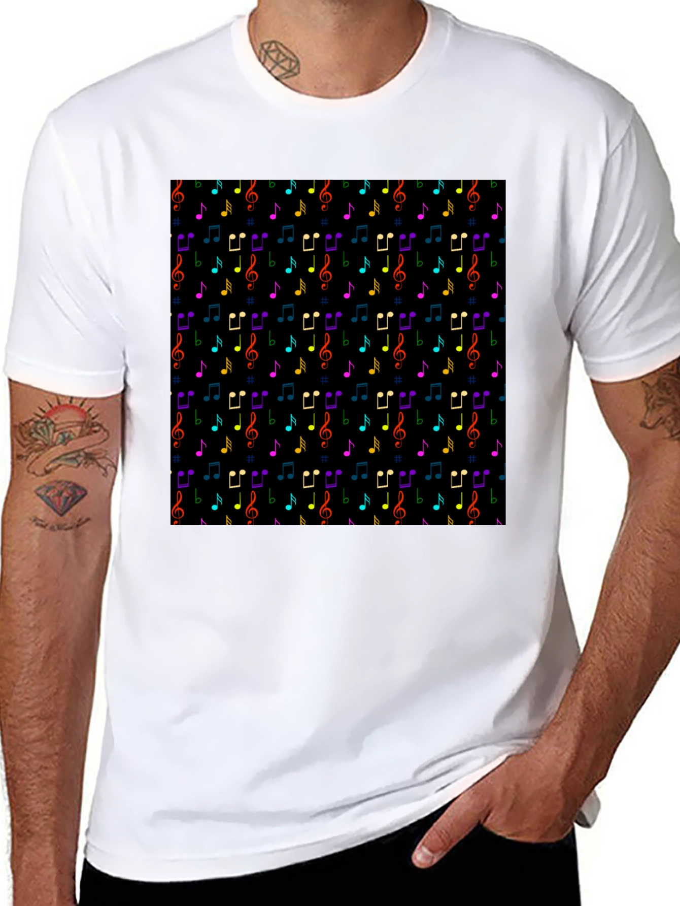 Music Note Pattern T-Shirt - Black Crew Neck Tee