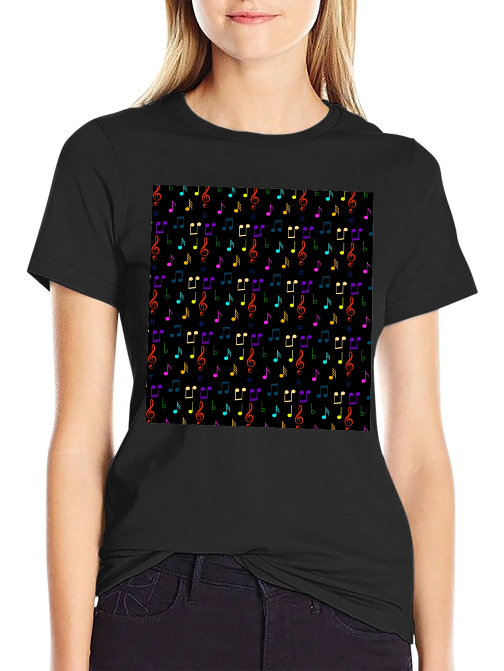 Music Note Pattern T-Shirt - Black Crew Neck Tee