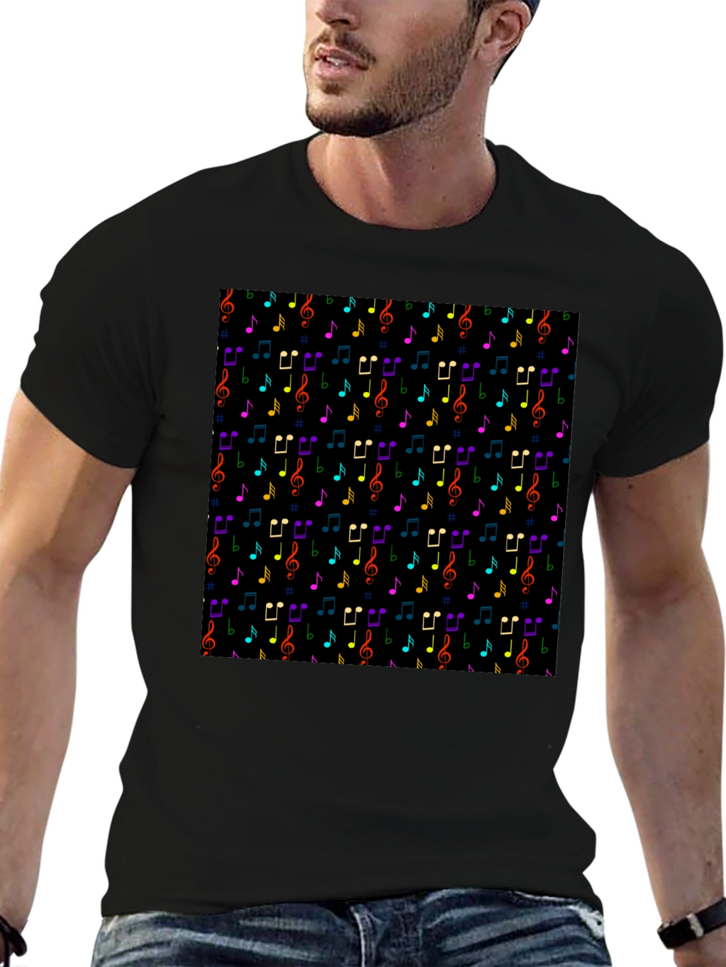 Music Note Pattern T-Shirt - Black Crew Neck Tee