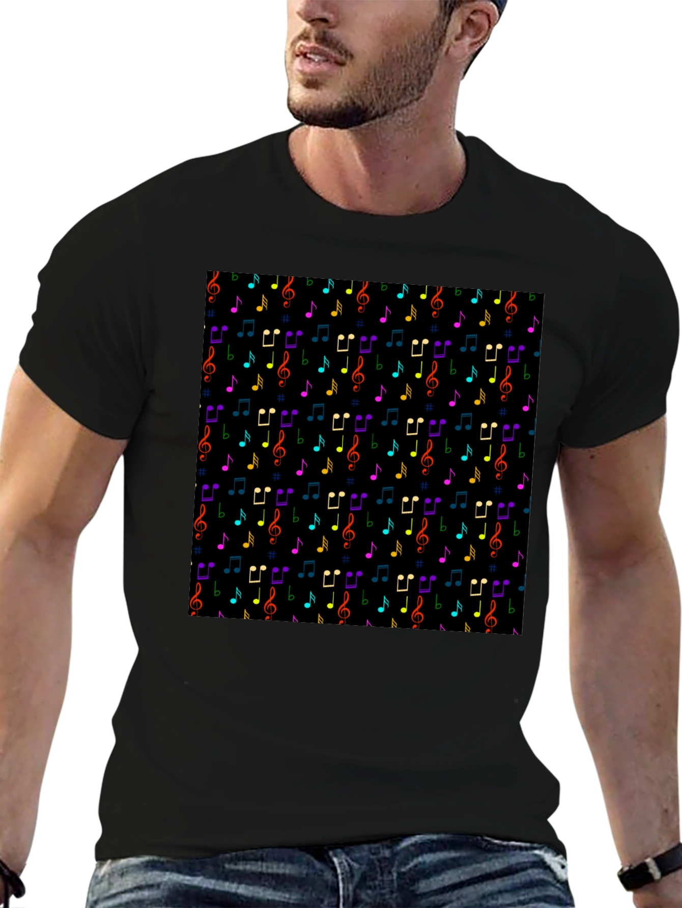 Music Note Pattern T-Shirt - Black Crew Neck Tee