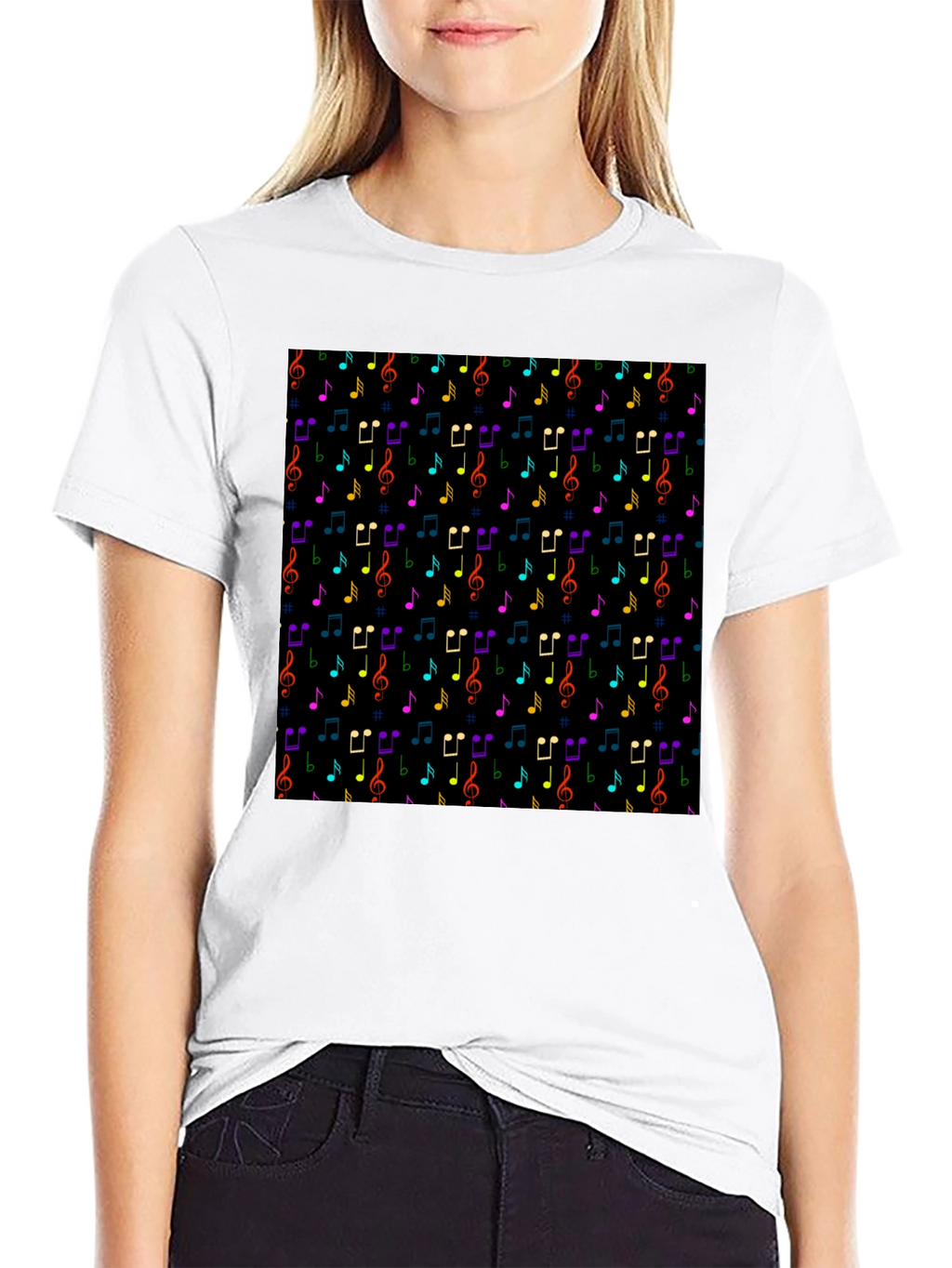 Music Note Pattern T-Shirt - Black Crew Neck Tee