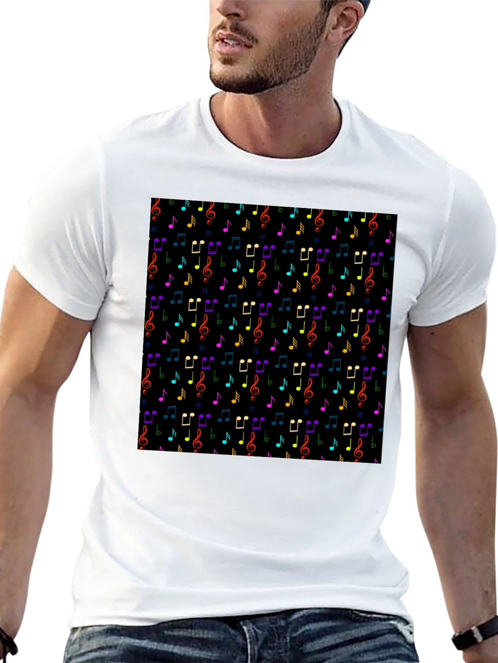 Music Note Pattern T-Shirt - Black Crew Neck Tee