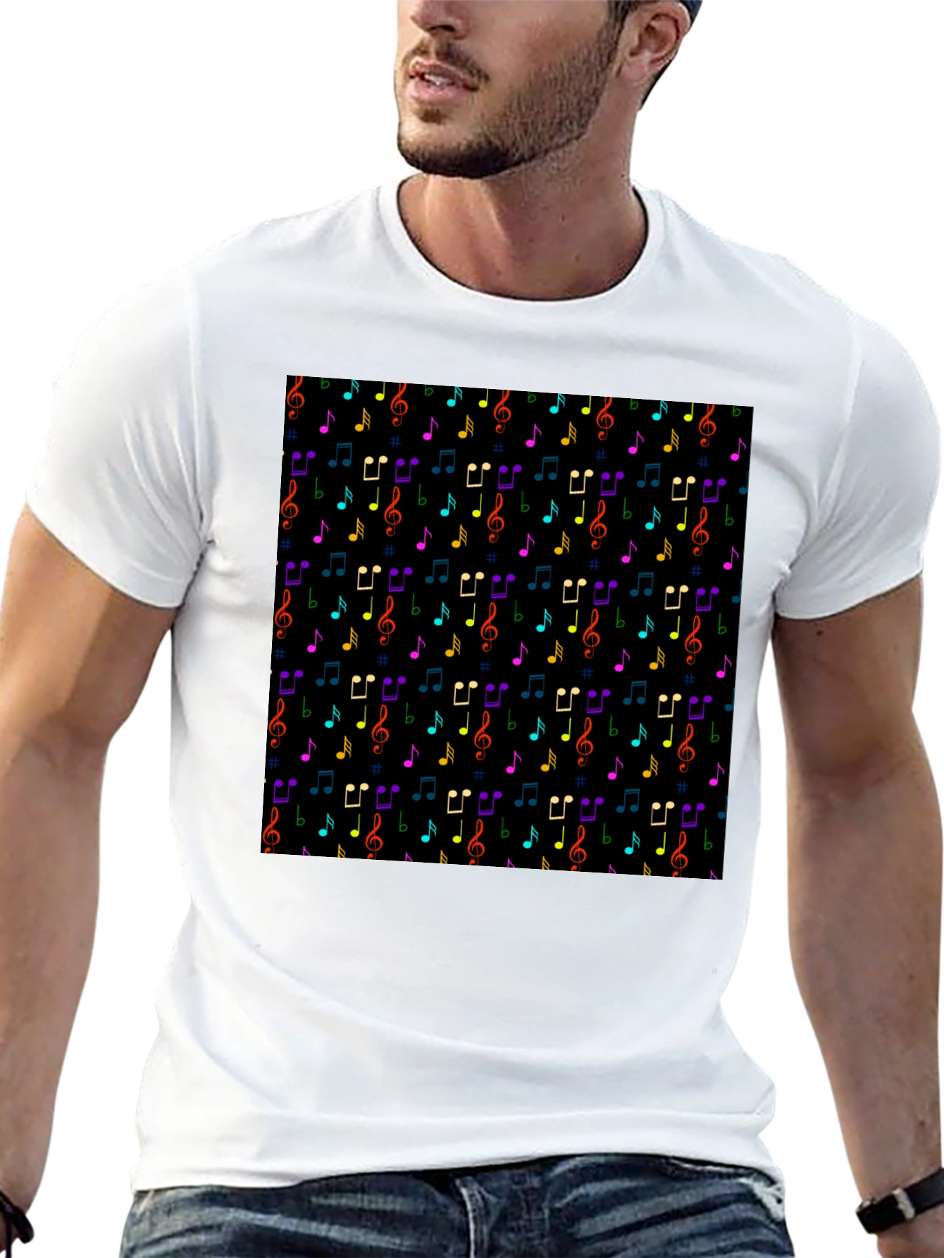 Music Note Pattern T-Shirt - Black Crew Neck Tee