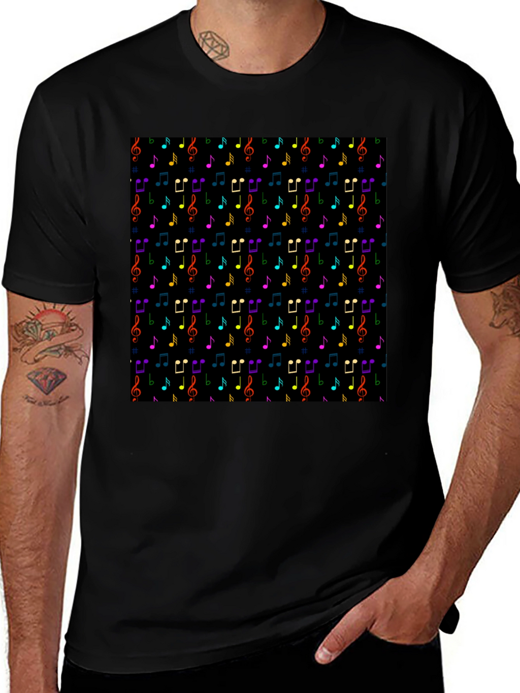 Music Note Pattern T-Shirt - Black Crew Neck Tee