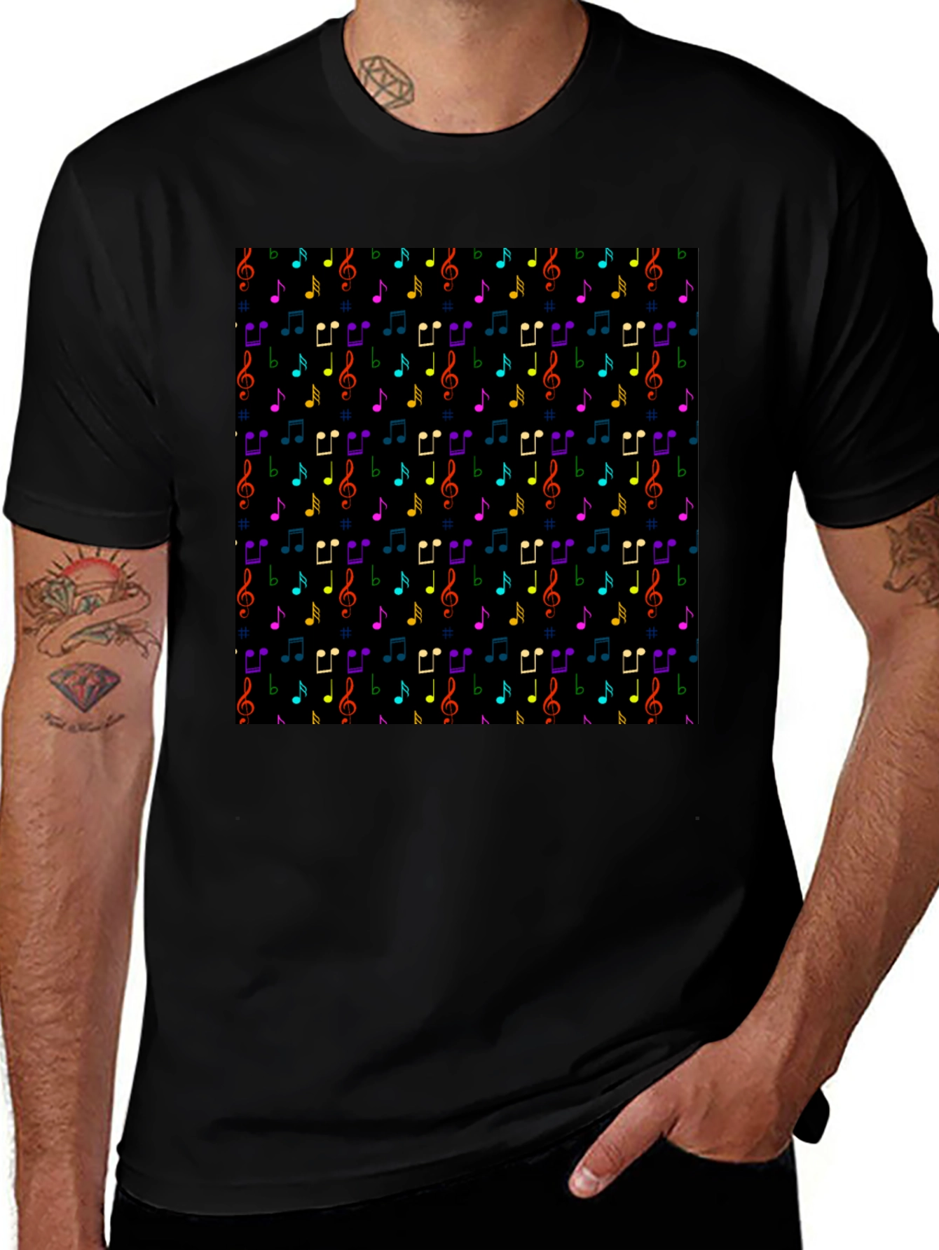 Music Note Pattern T-Shirt - Black Crew Neck Tee