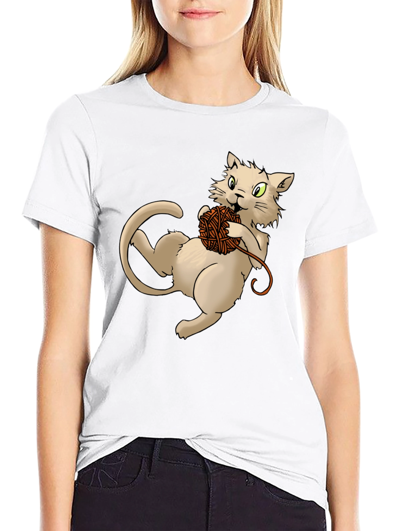 Cat with Yarn Ball Graphic T-Shirt