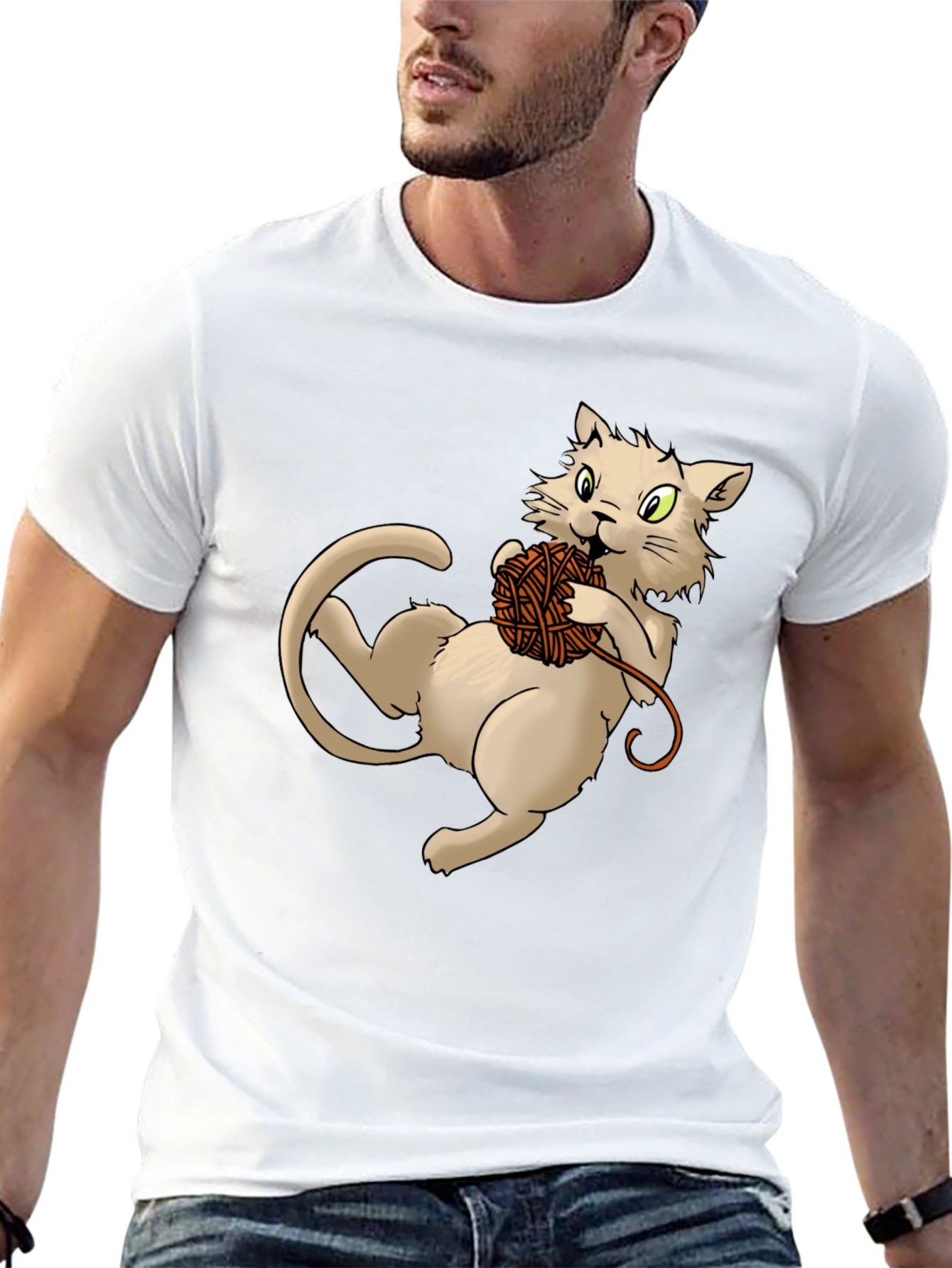 Cat with Yarn Ball Graphic T-Shirt