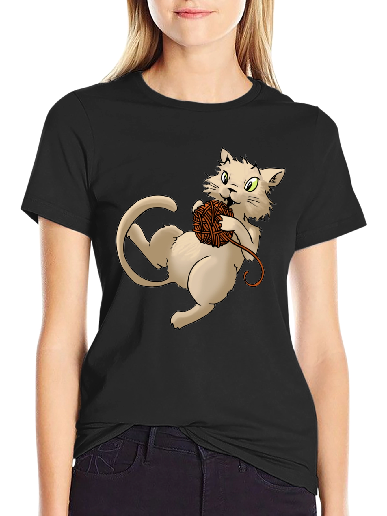 Cat with Yarn Ball Graphic T-Shirt