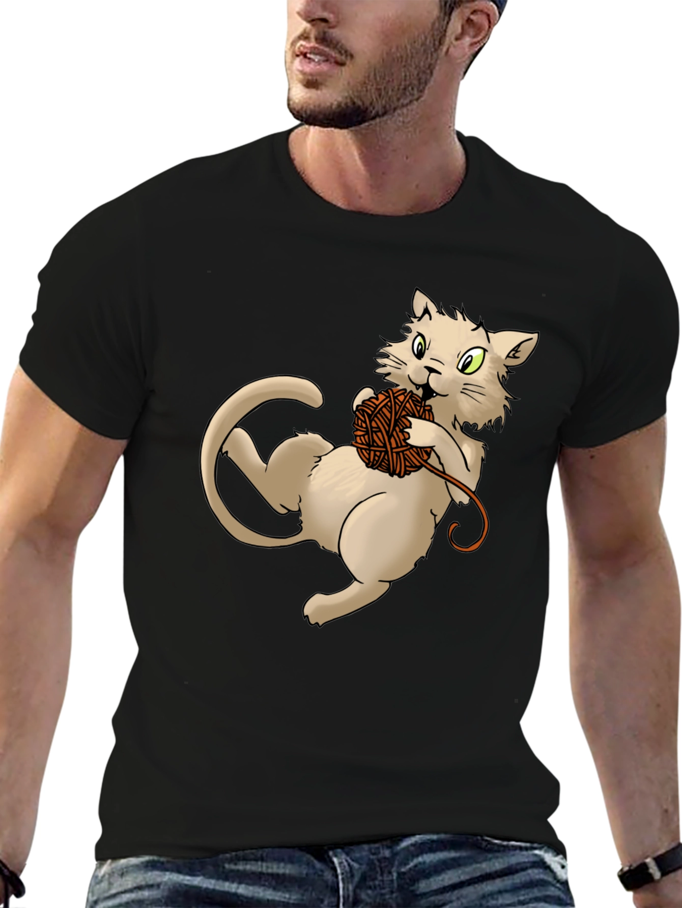 Cat with Yarn Ball Graphic T-Shirt