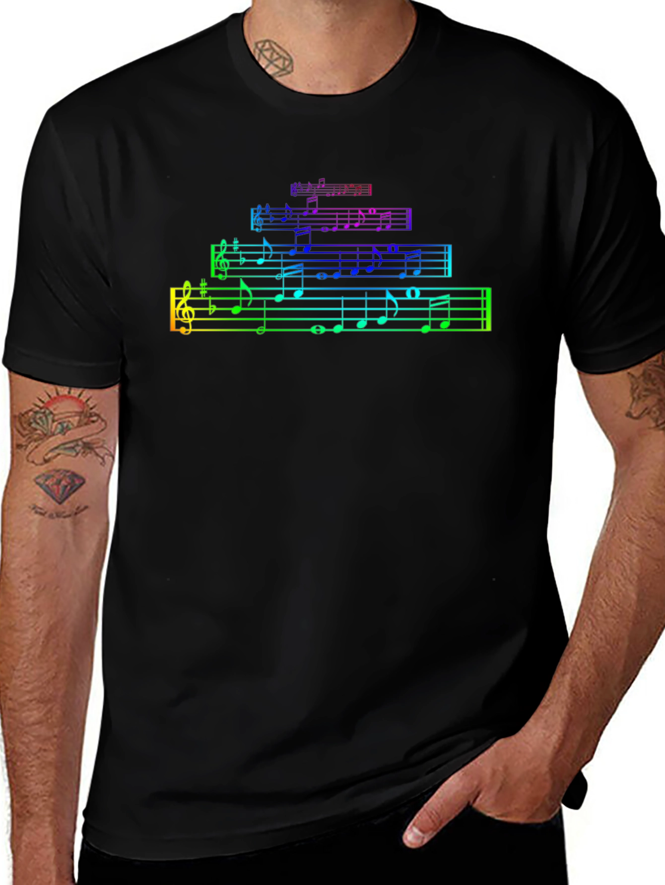 Rainbow Music Note Staff Black T-Shirt