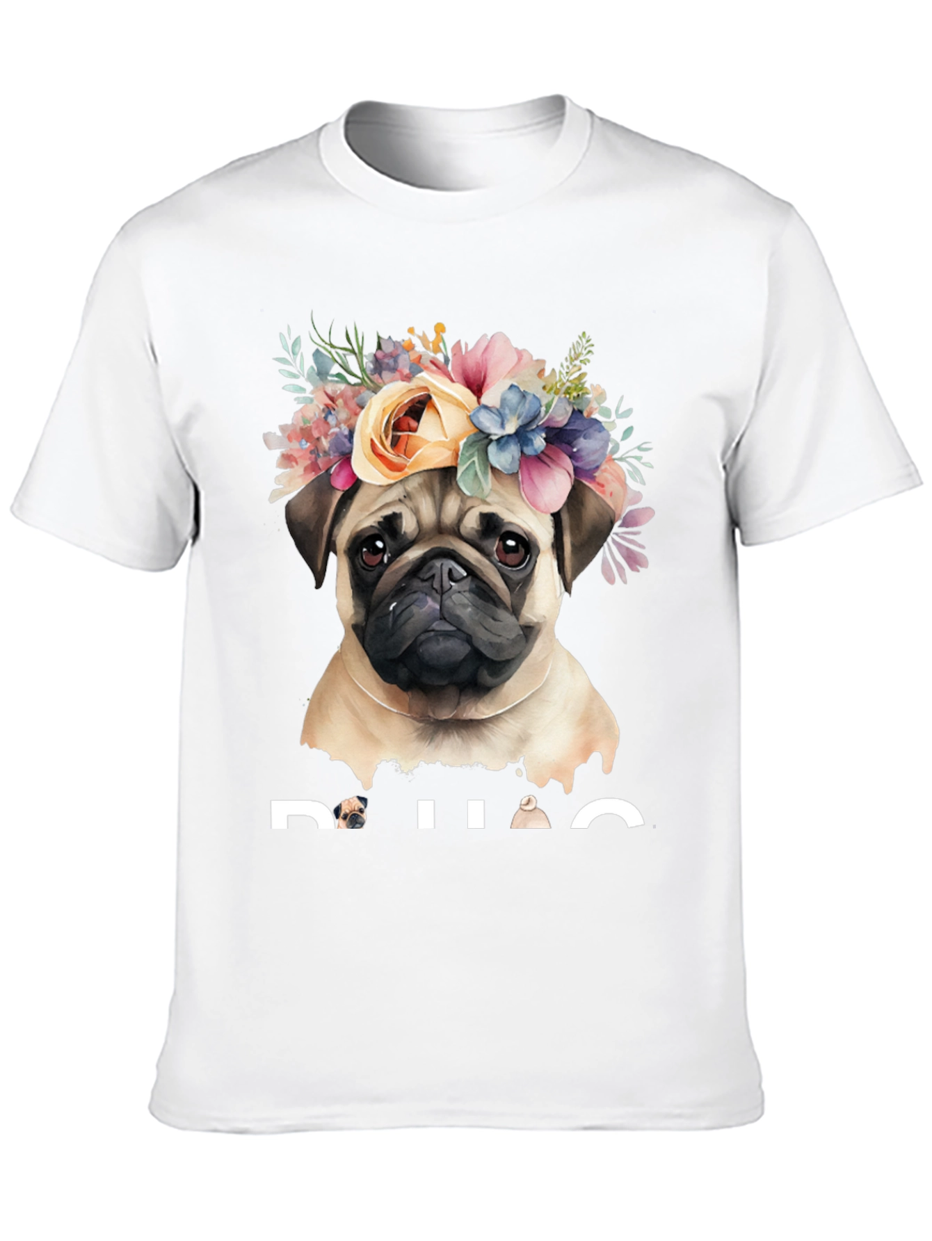 Pug Floral Crown Graphic Tee - Black Cotton T-Shirt