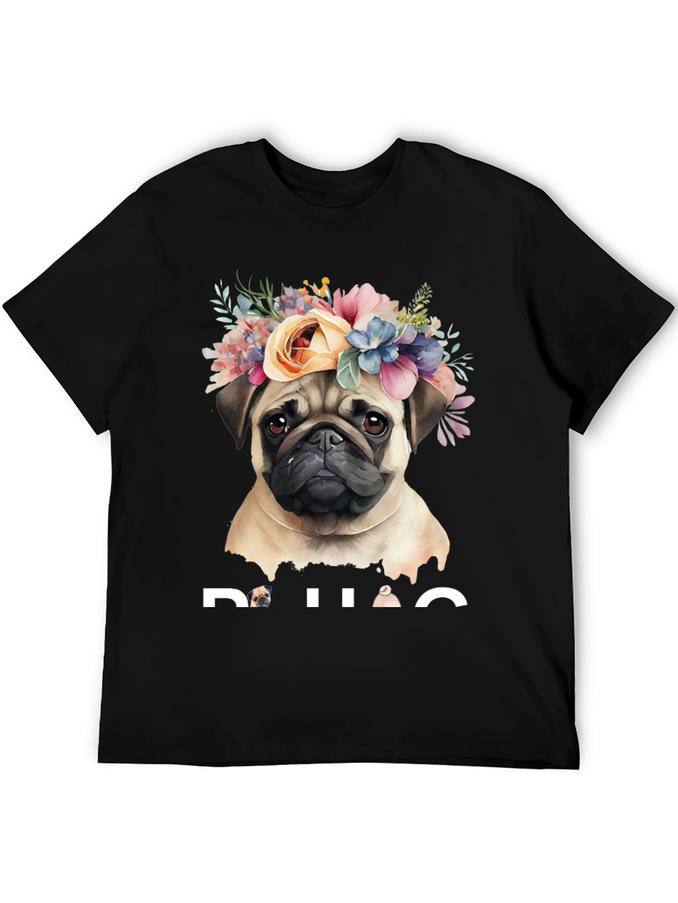 Pug Floral Crown Graphic Tee - Black Cotton T-Shirt