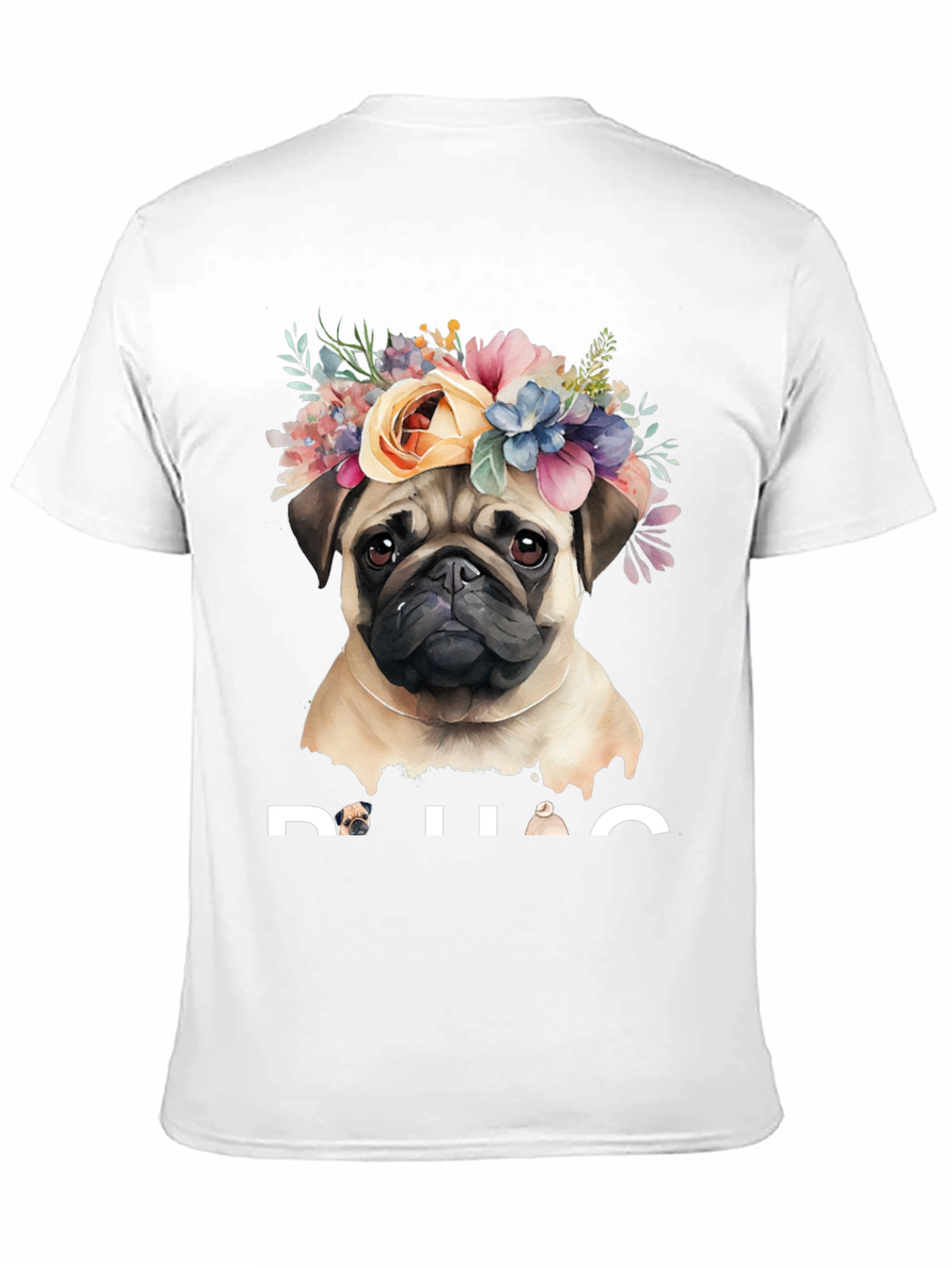 Pug Floral Crown Graphic Tee - Black Cotton T-Shirt