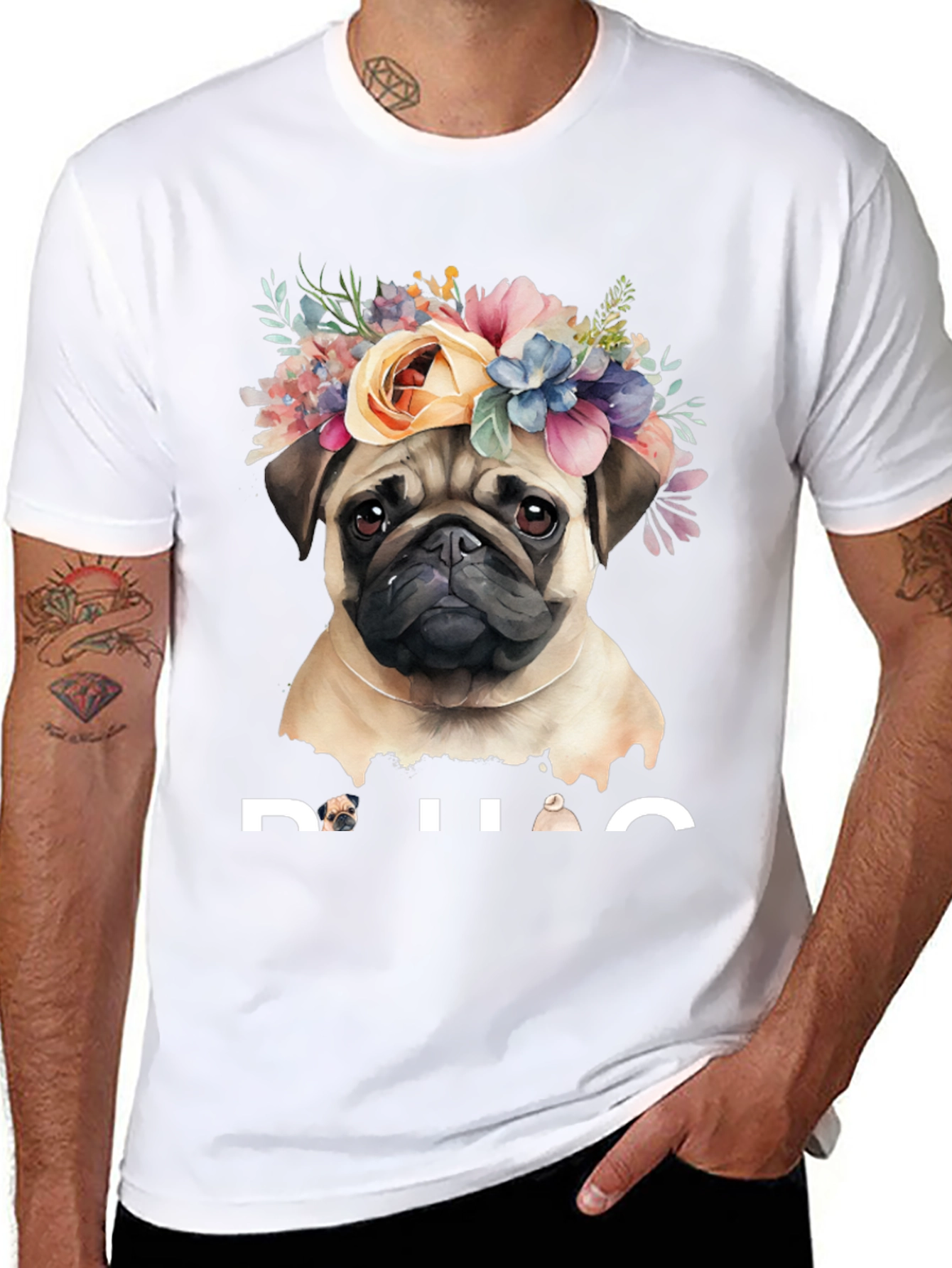Pug Floral Crown Graphic Tee - Black Cotton T-Shirt