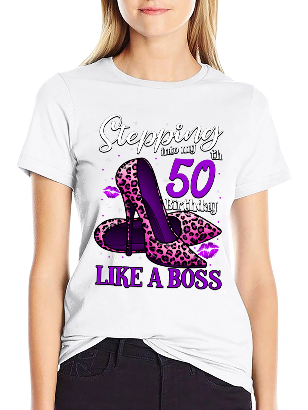 Stepping into 50th Birthday Leopard Print Heels Graphic Tee