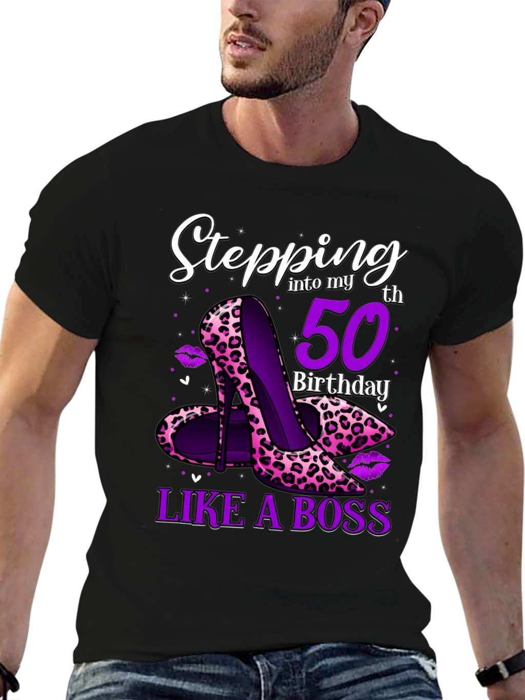Stepping into 50th Birthday Leopard Print Heels Graphic Tee