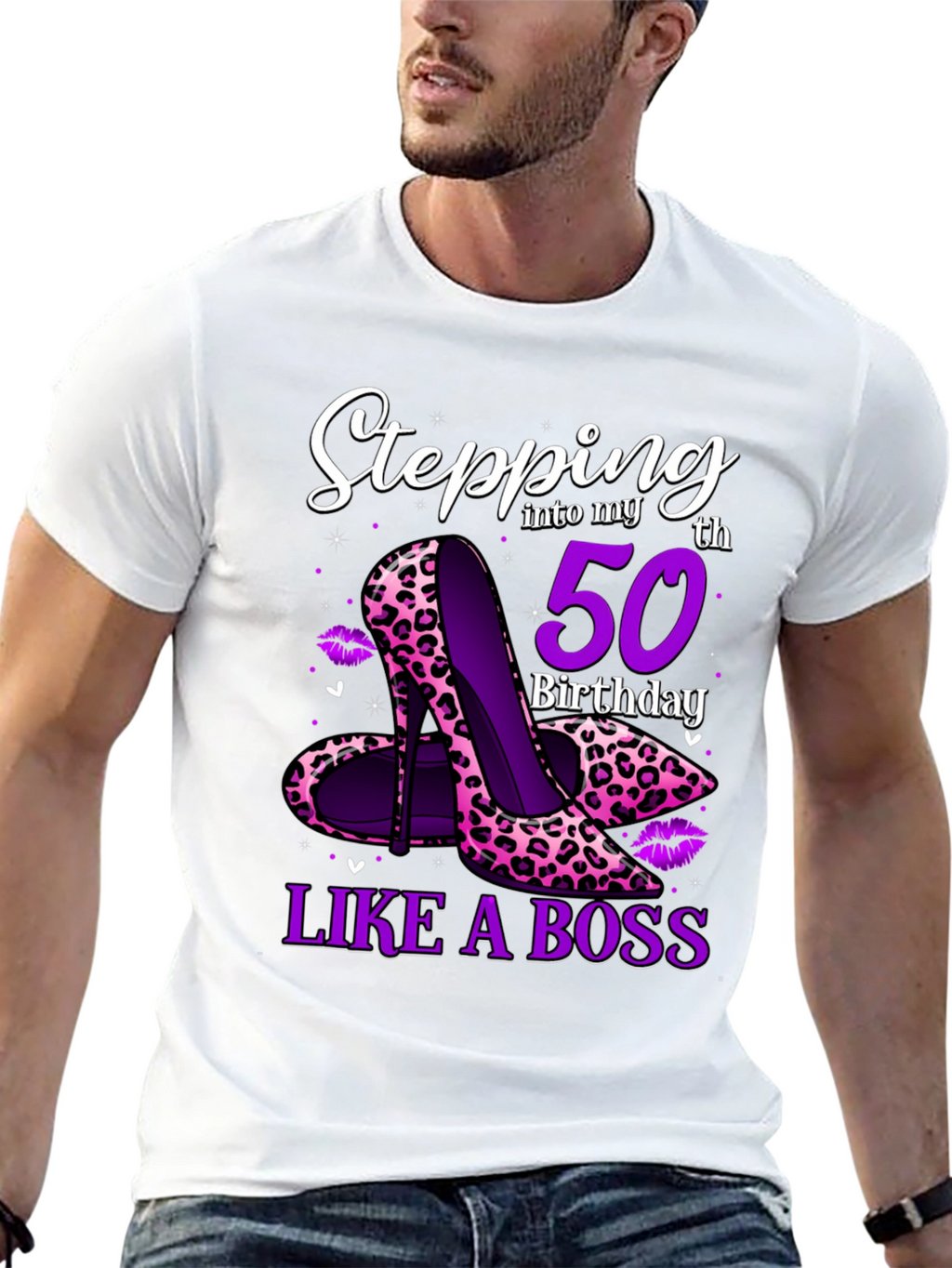 Stepping into 50th Birthday Leopard Print Heels Graphic Tee