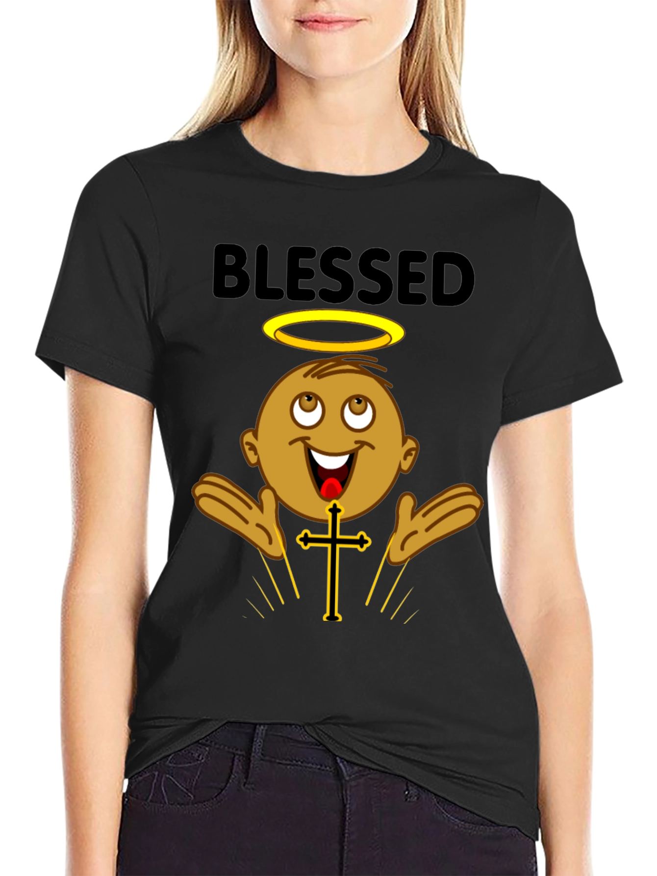 Blessed Black T-Shirt with Angelic Baby Design