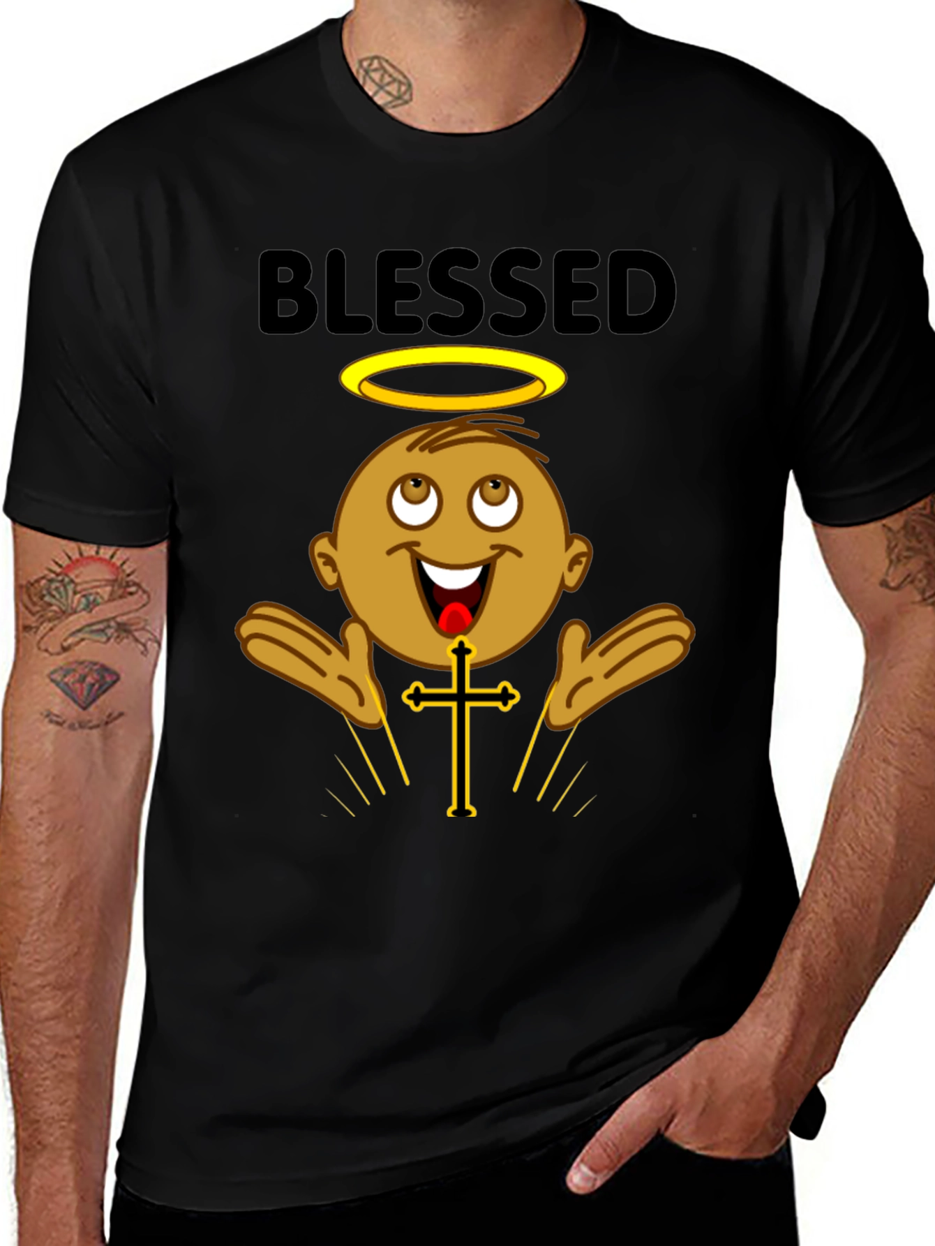 Blessed Black T-Shirt with Angelic Baby Design