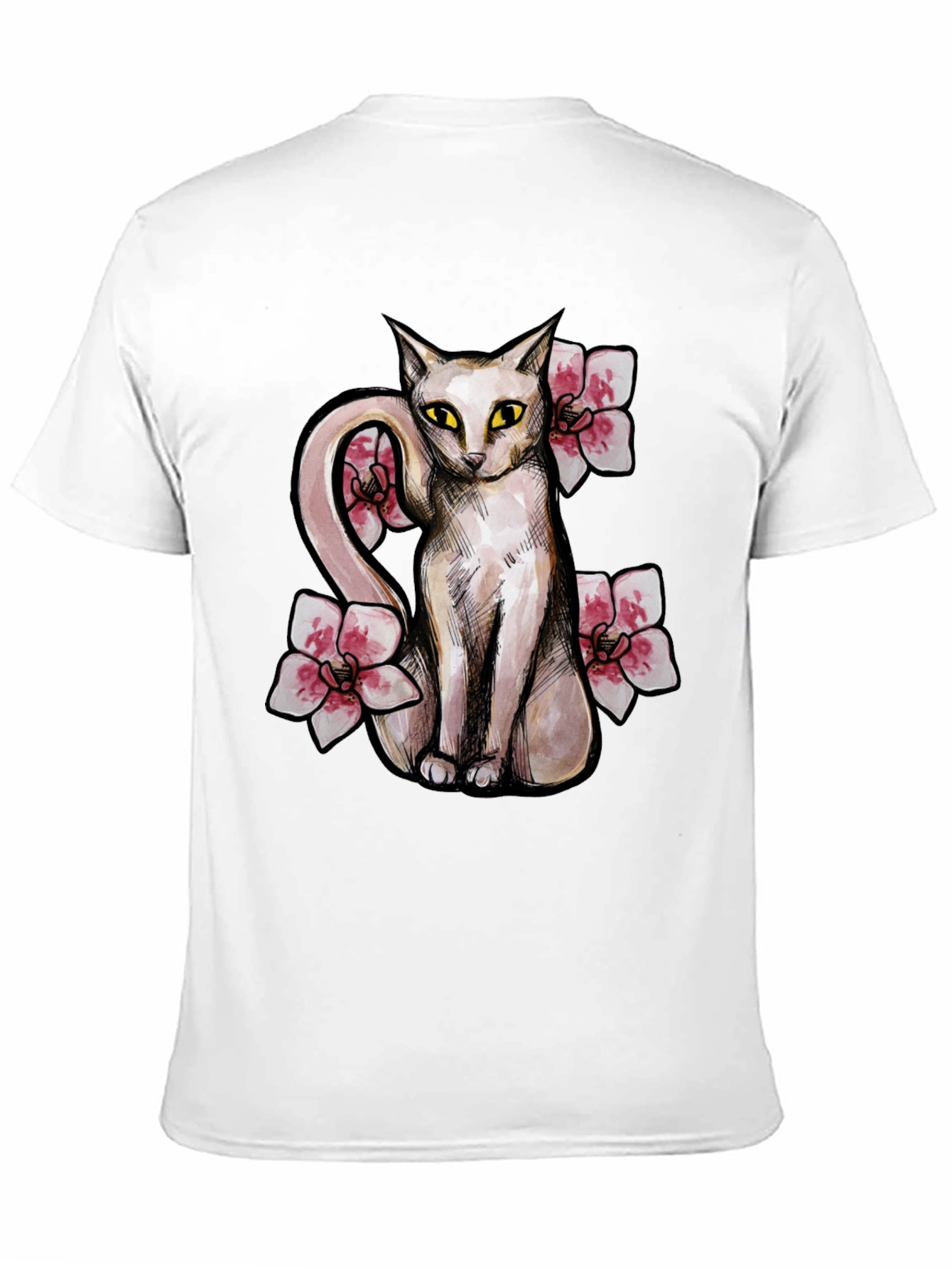 Cat & Flowers Graphic T-Shirt - Casual Black Tee