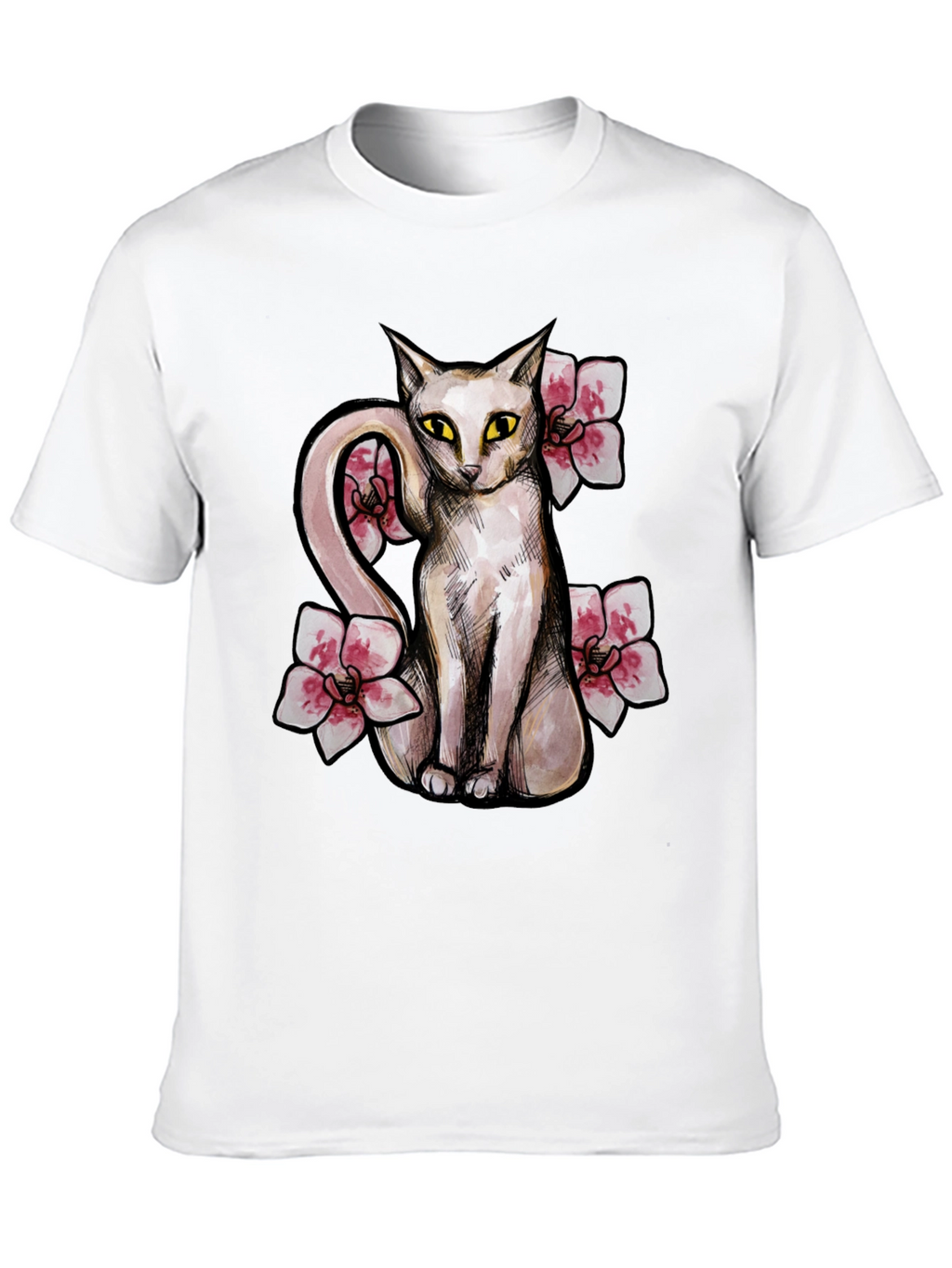 Cat & Flowers Graphic T-Shirt - Casual Black Tee