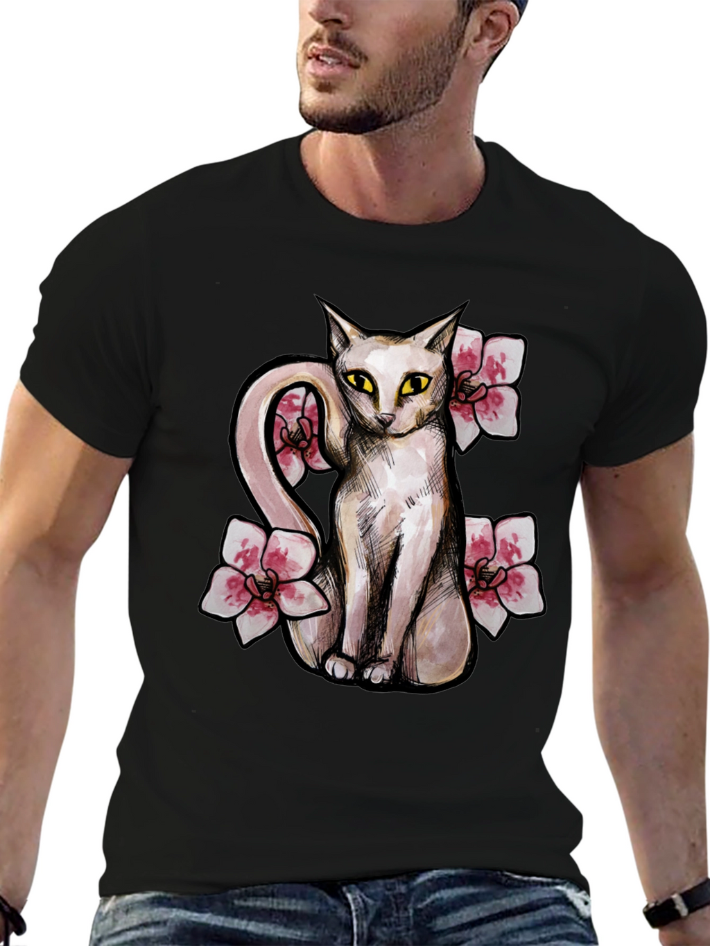 Cat & Flowers Graphic T-Shirt - Casual Black Tee