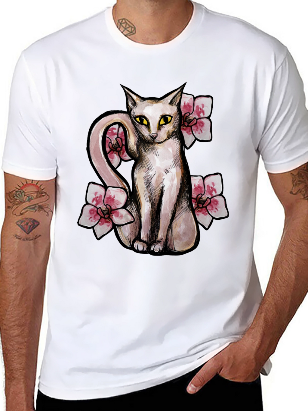 Cat & Flowers Graphic T-Shirt - Casual Black Tee