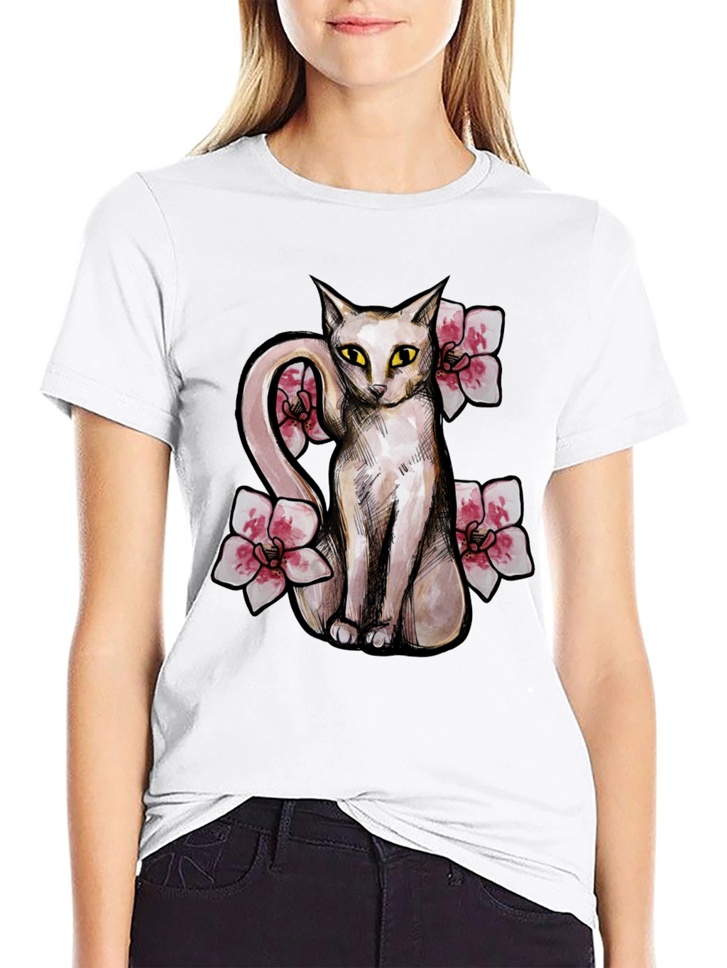 Cat & Flowers Graphic T-Shirt - Casual Black Tee