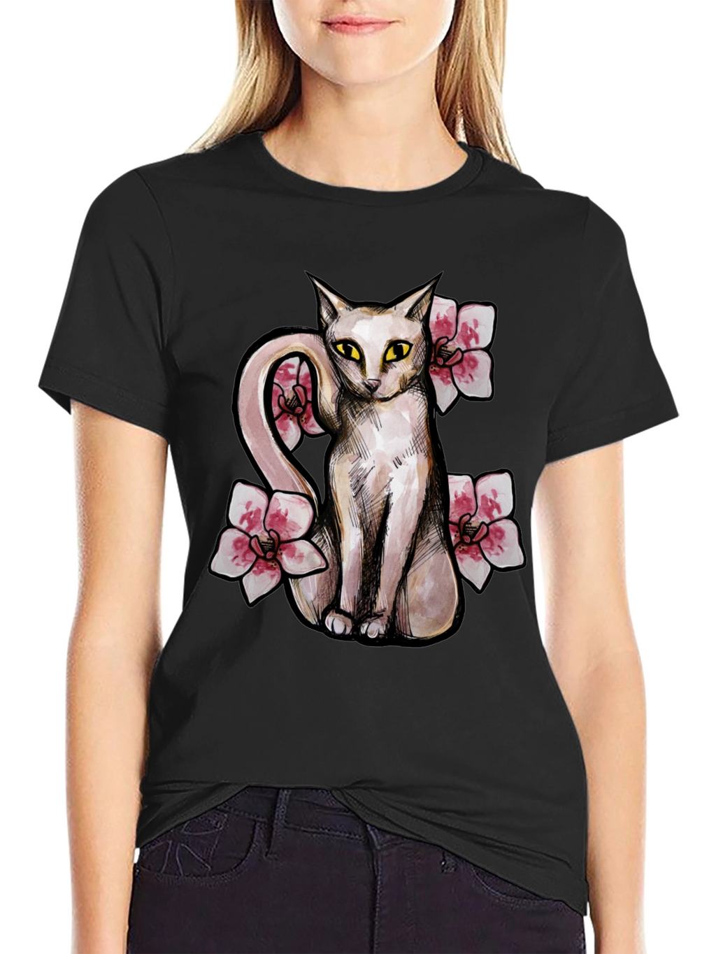 Cat & Flowers Graphic T-Shirt - Casual Black Tee