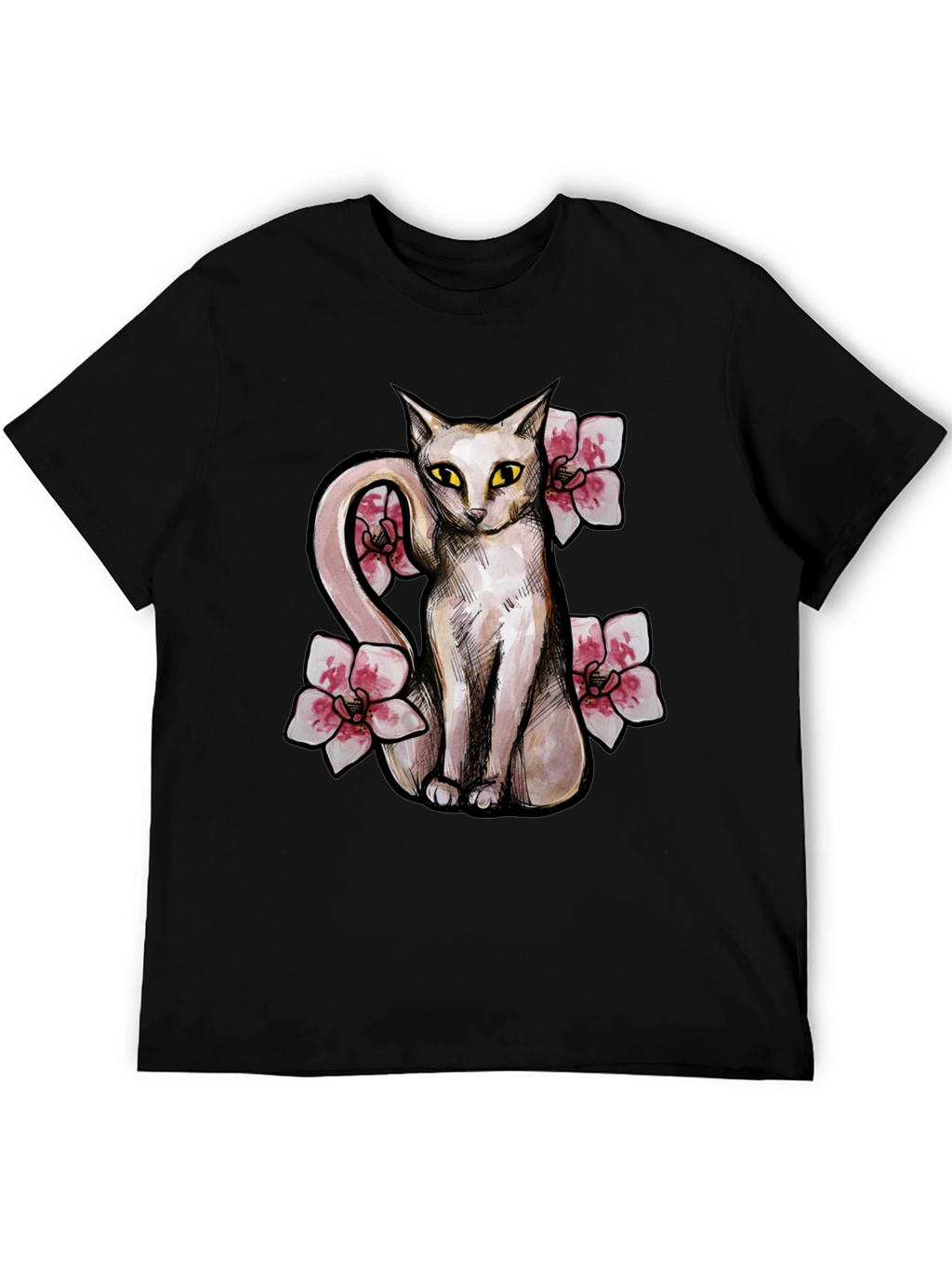 Cat & Flowers Graphic T-Shirt - Casual Black Tee