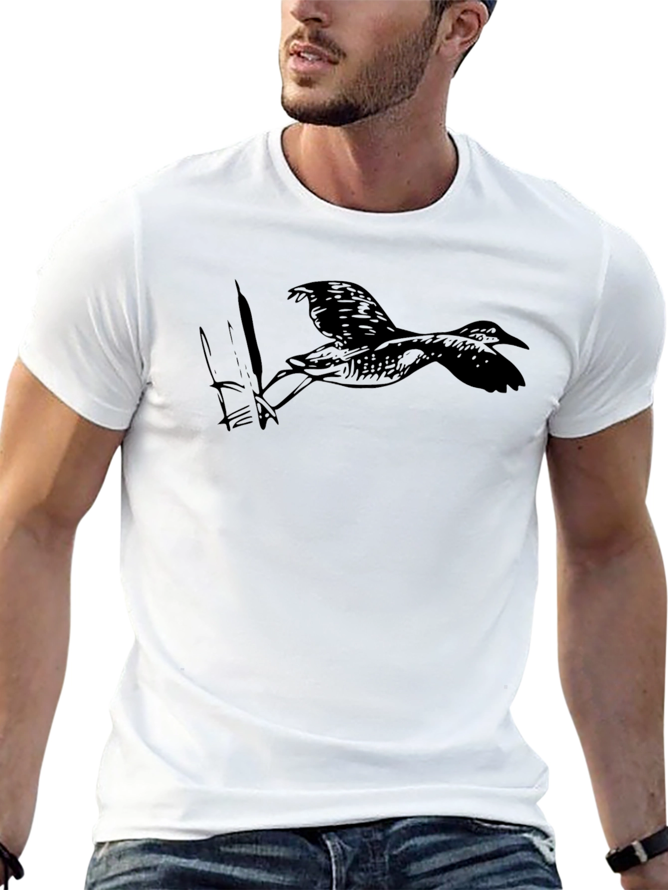 Black T-Shirt with Bird and Fish Graphic