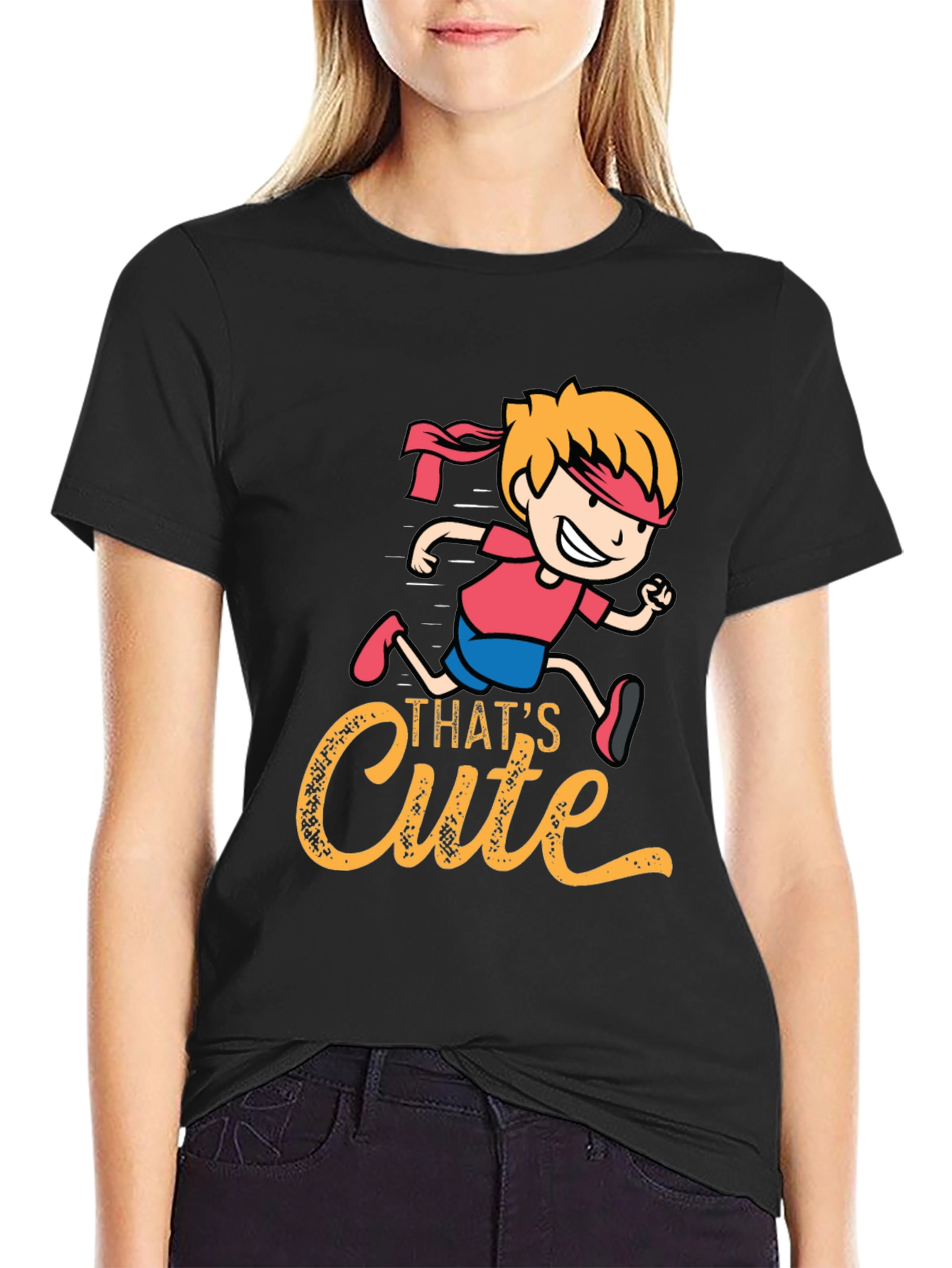 Cute Cartoon Runner Graphic Black T-Shirt