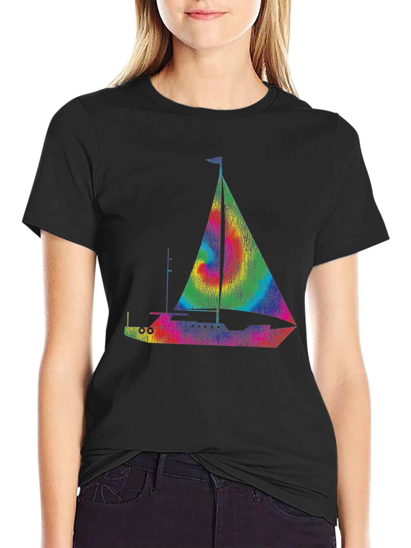 Rainbow Sailboat T-Shirt - Black Cotton Tee