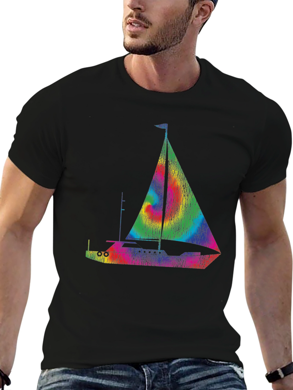 Rainbow Sailboat T-Shirt - Black Cotton Tee