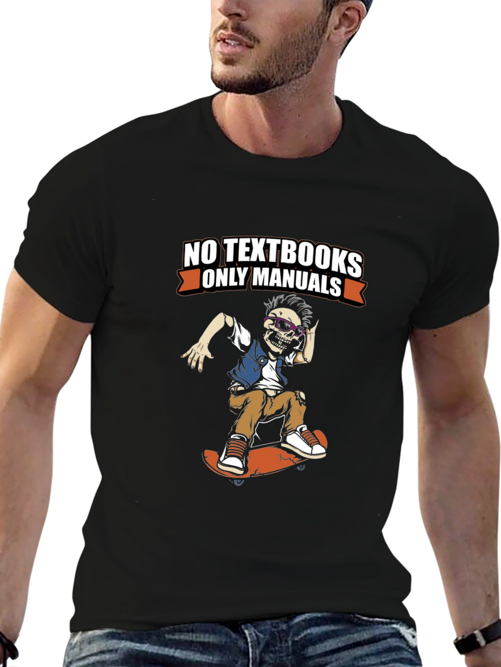 No Textbooks Only Manuals Skeleton Skateboarder Tee
