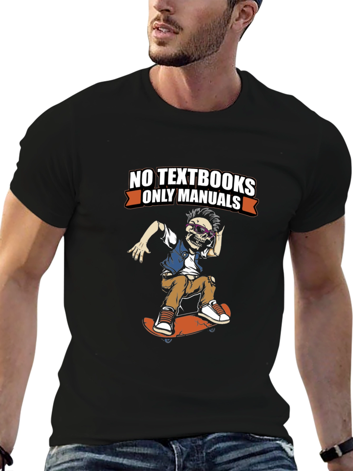No Textbooks Only Manuals Skeleton Skateboarder Tee