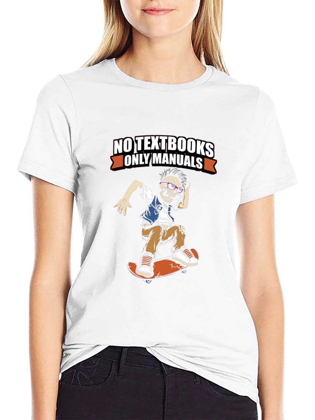 No Textbooks Only Manuals Skeleton Skateboarder Tee