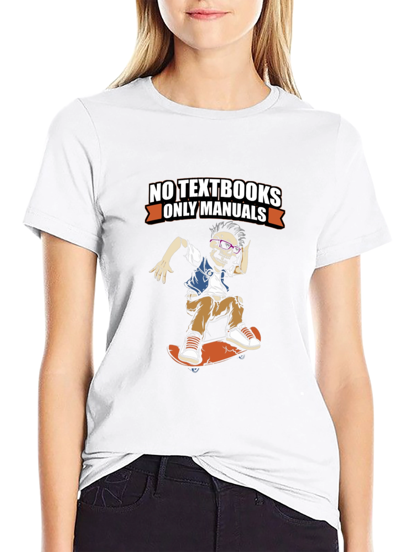 No Textbooks Only Manuals Skeleton Skateboarder Tee