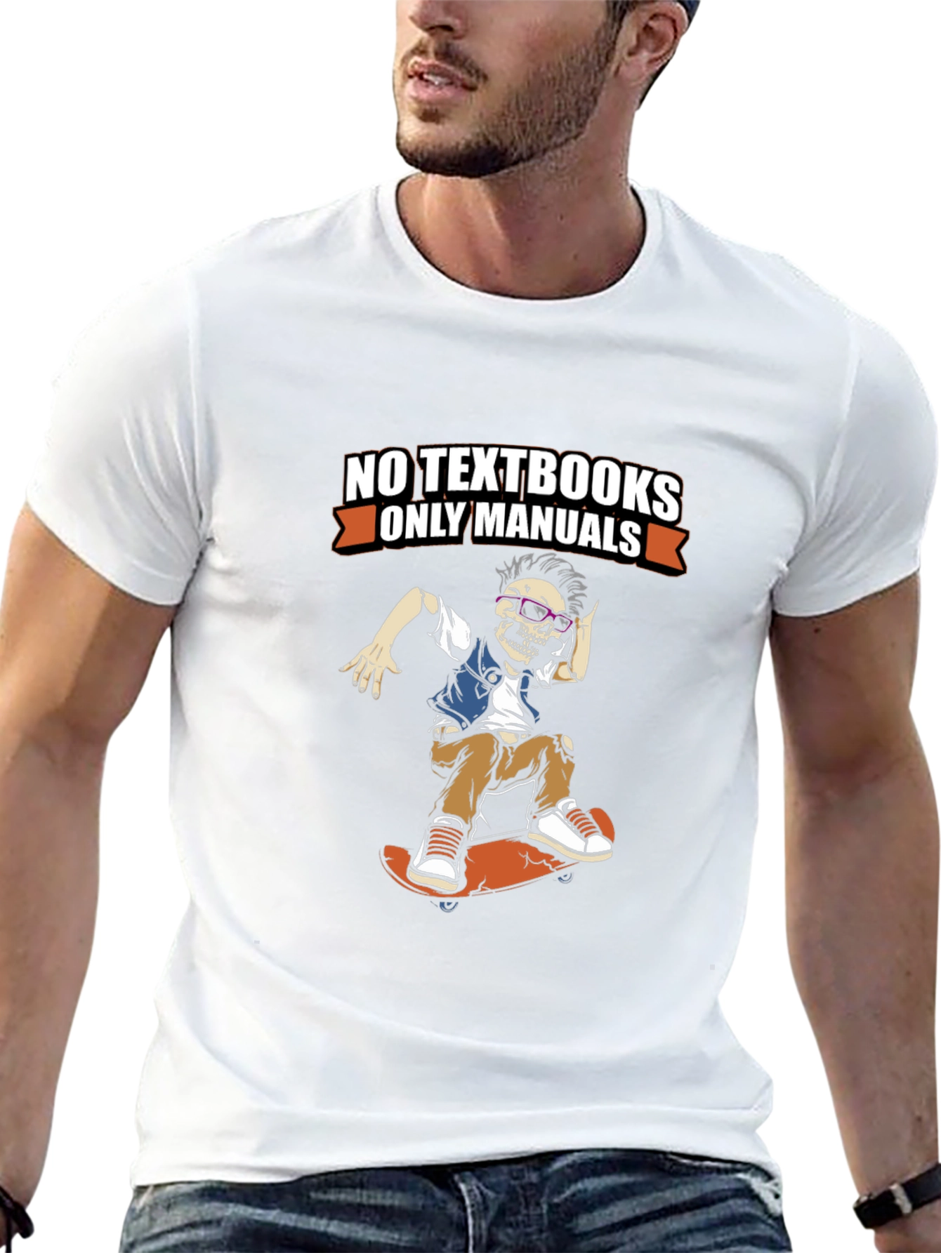 No Textbooks Only Manuals Skeleton Skateboarder Tee