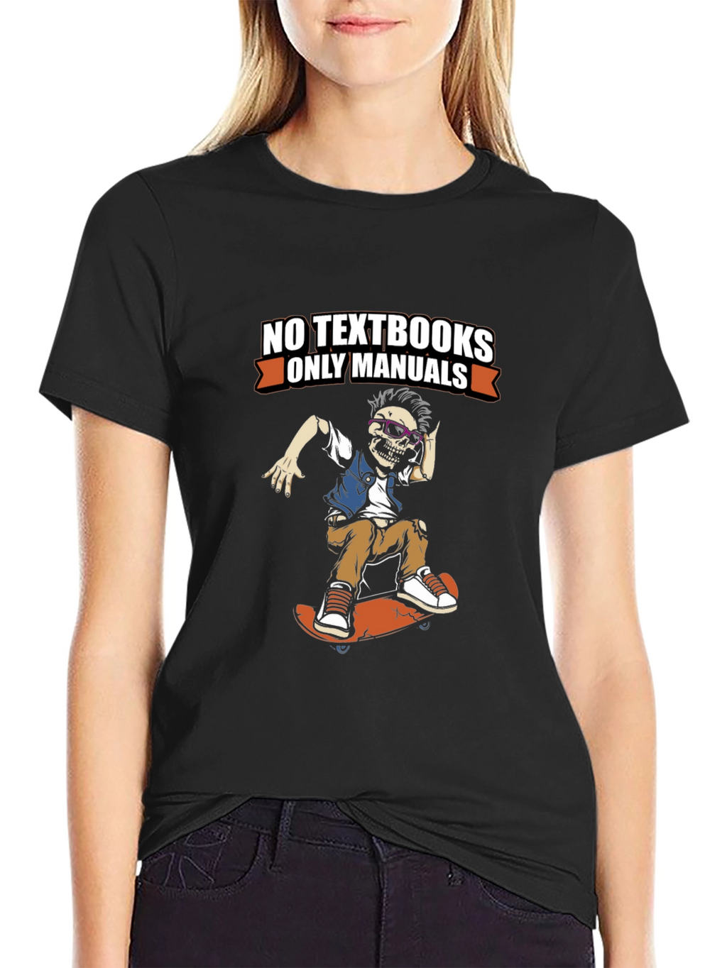No Textbooks Only Manuals Skeleton Skateboarder Tee