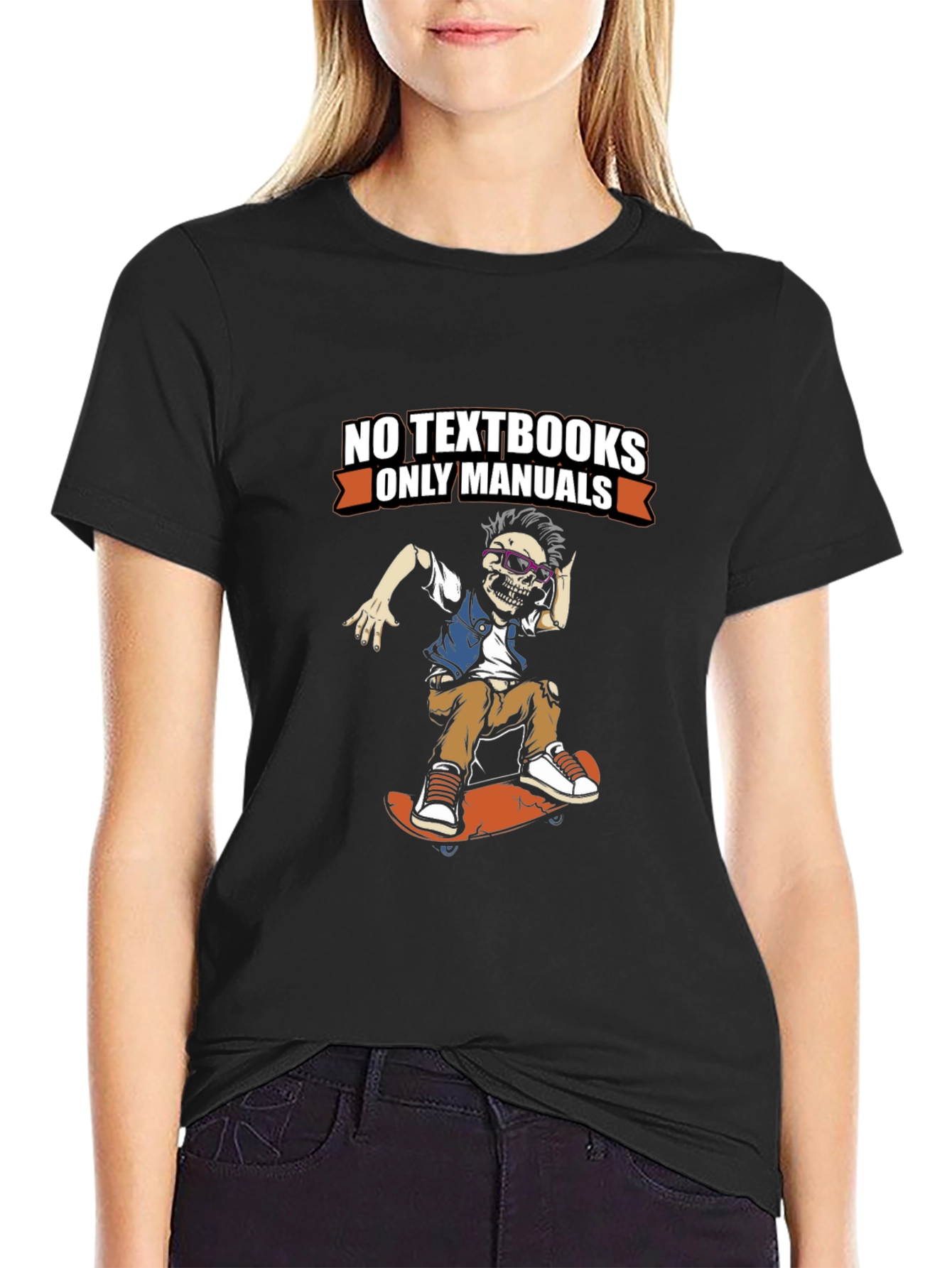 No Textbooks Only Manuals Skeleton Skateboarder Tee