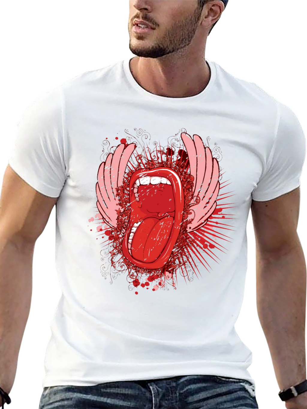 Edgy Graphic Tee - Open Mouth & Wings