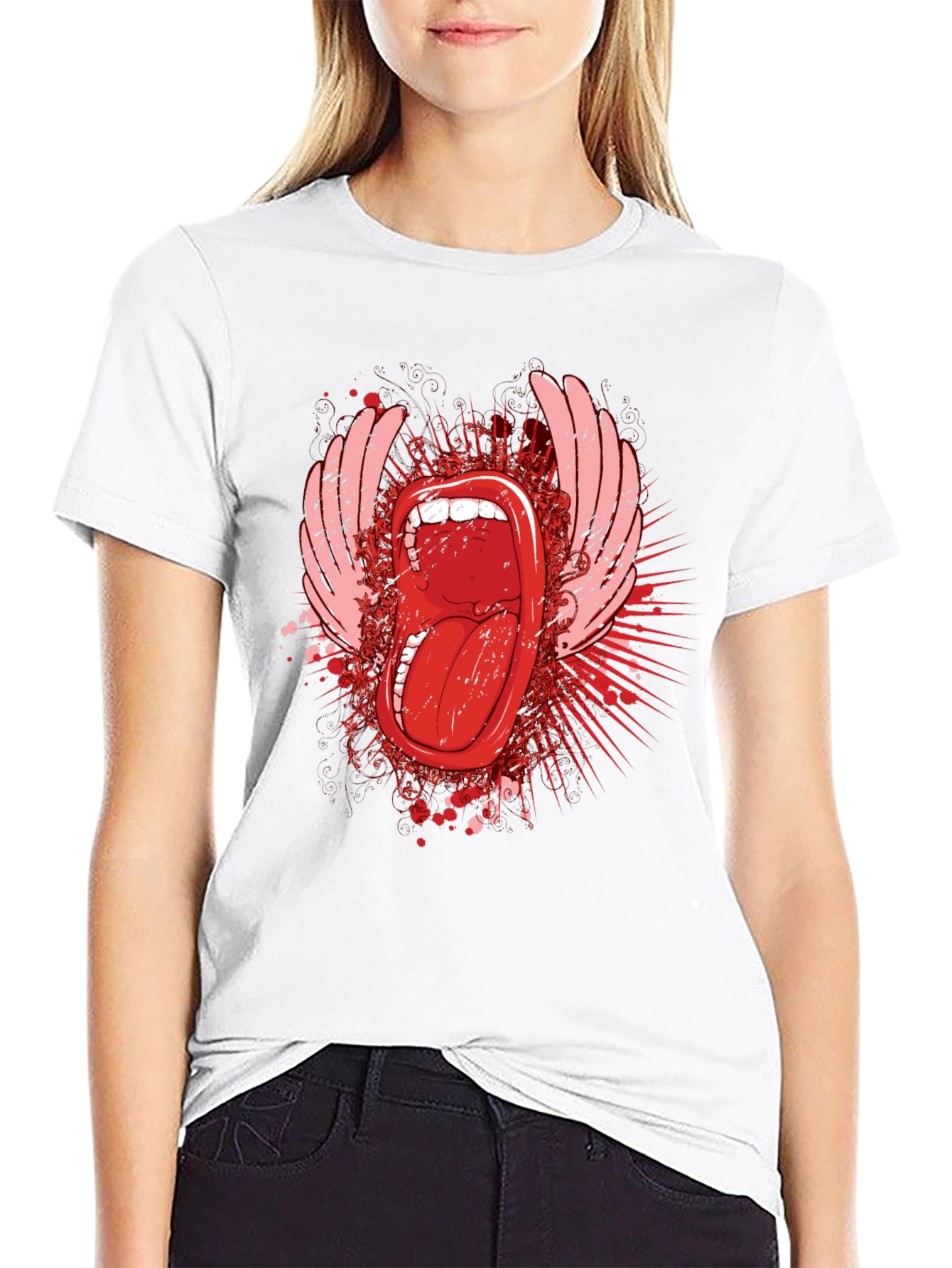 Edgy Graphic Tee - Open Mouth & Wings