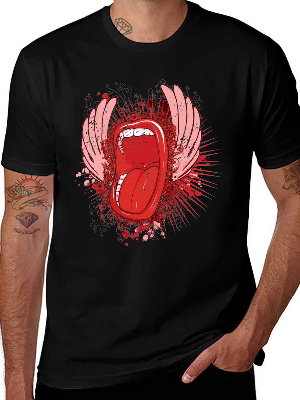 Edgy Graphic Tee - Open Mouth & Wings