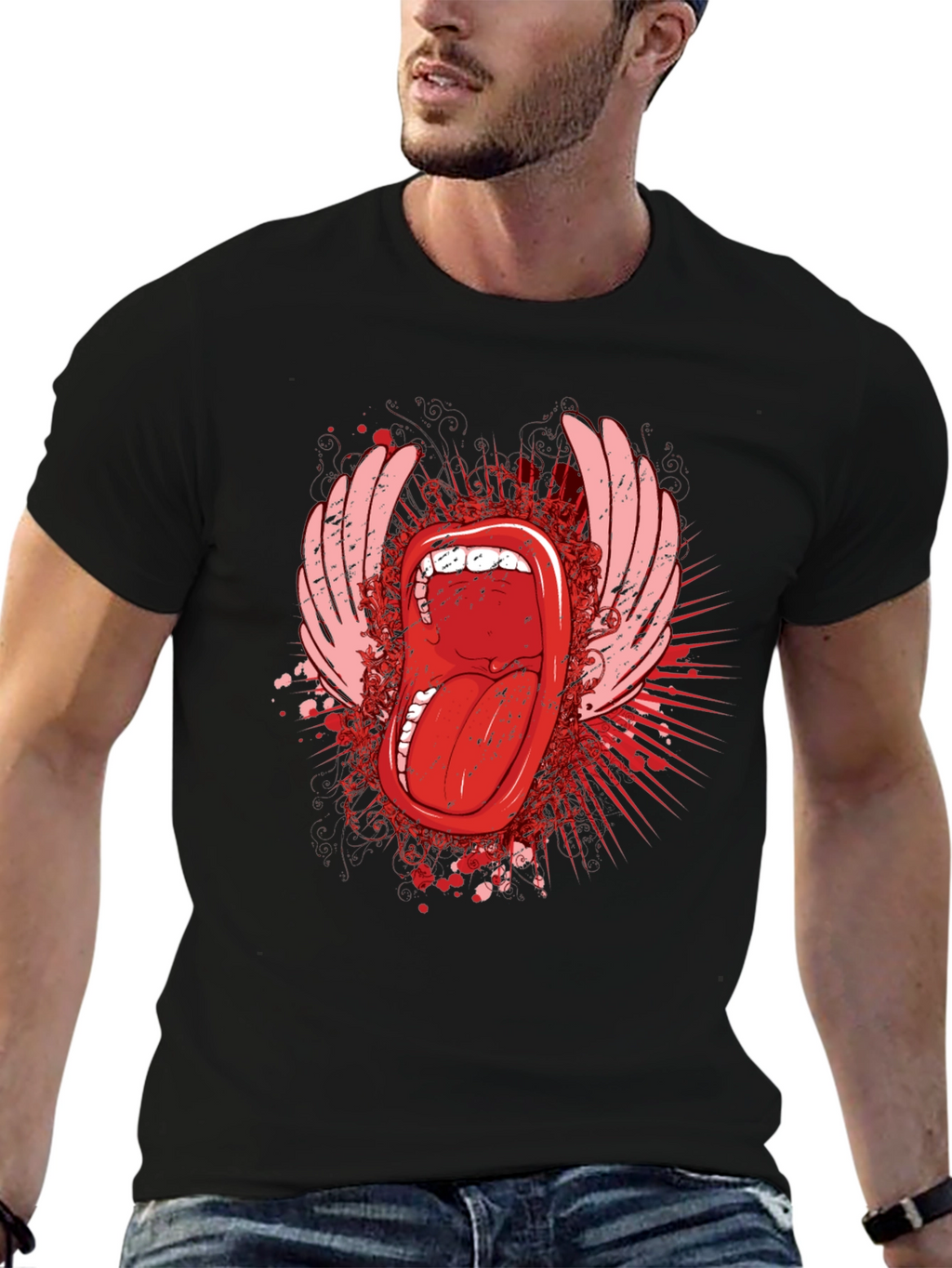 Edgy Graphic Tee - Open Mouth & Wings