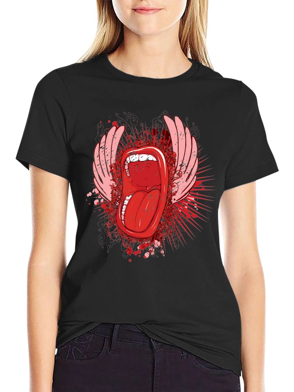 Edgy Graphic Tee - Open Mouth & Wings