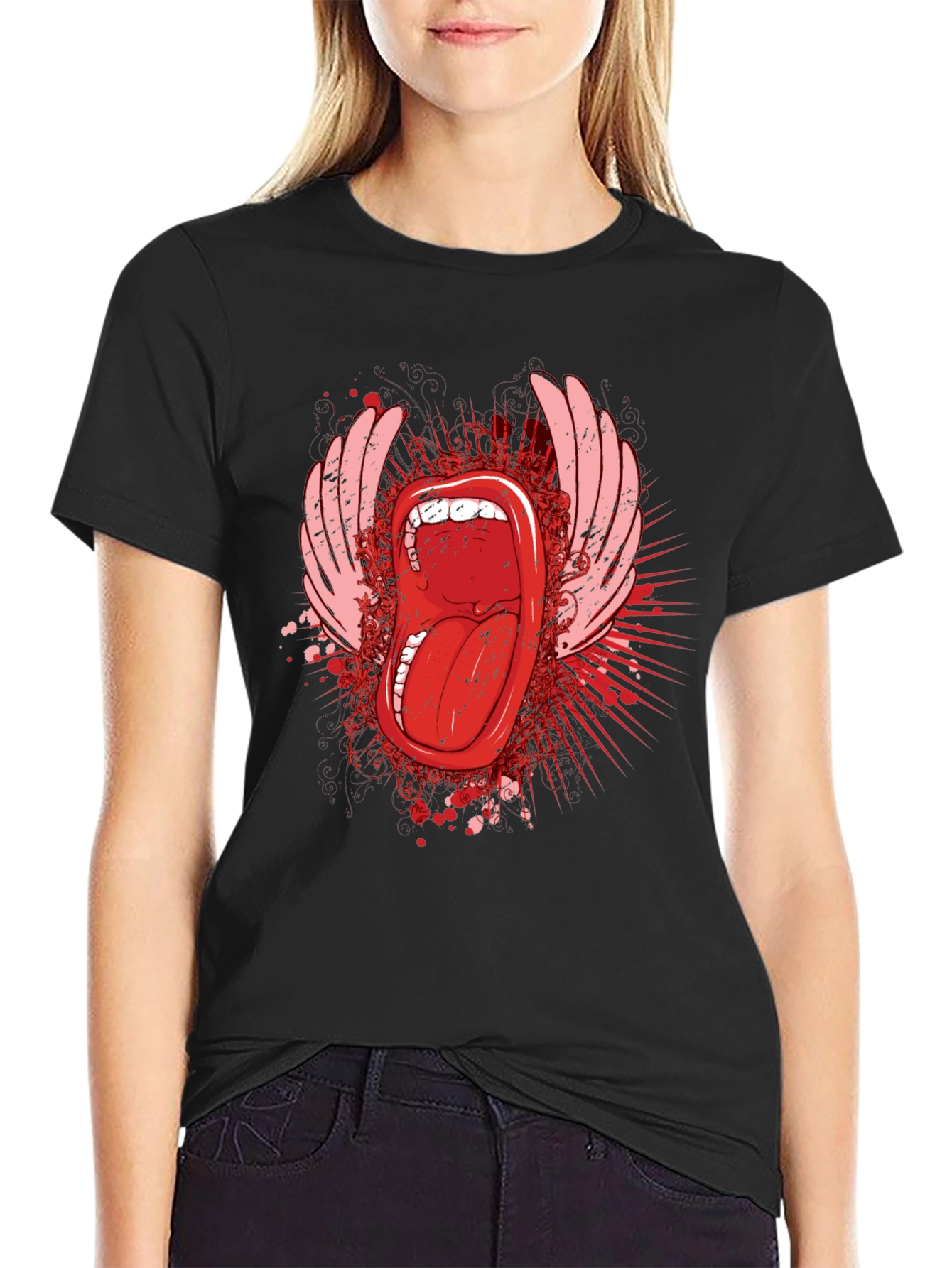 Edgy Graphic Tee - Open Mouth & Wings